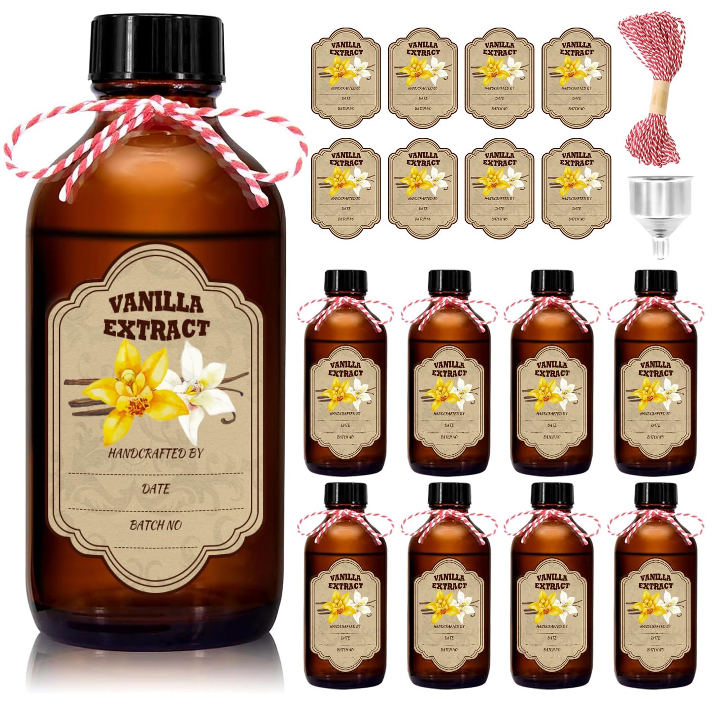 NVioAsport 8 Pack Amber Glass Vanilla Extract Bottles with Lids, 8 PCS Vanilla Extract Labels and Funnel, Glass Boston Vanilla Bottles for Syrup Gift, Jars Glass Bottles for Vanilla Extract (4oz)