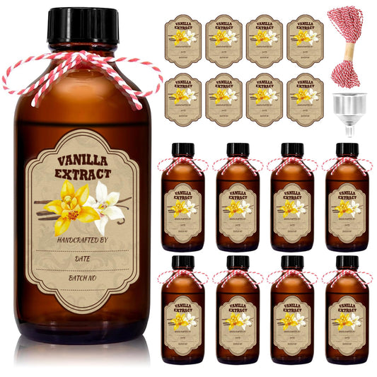 NVioAsport 8 Pack Amber Glass Vanilla Extract Bottles with Lids, 8 PCS Vanilla Extract Labels and Funnel, Glass Boston Vanilla Bottles for Syrup Gift, Jars Glass Bottles for Vanilla Extract (4oz)
