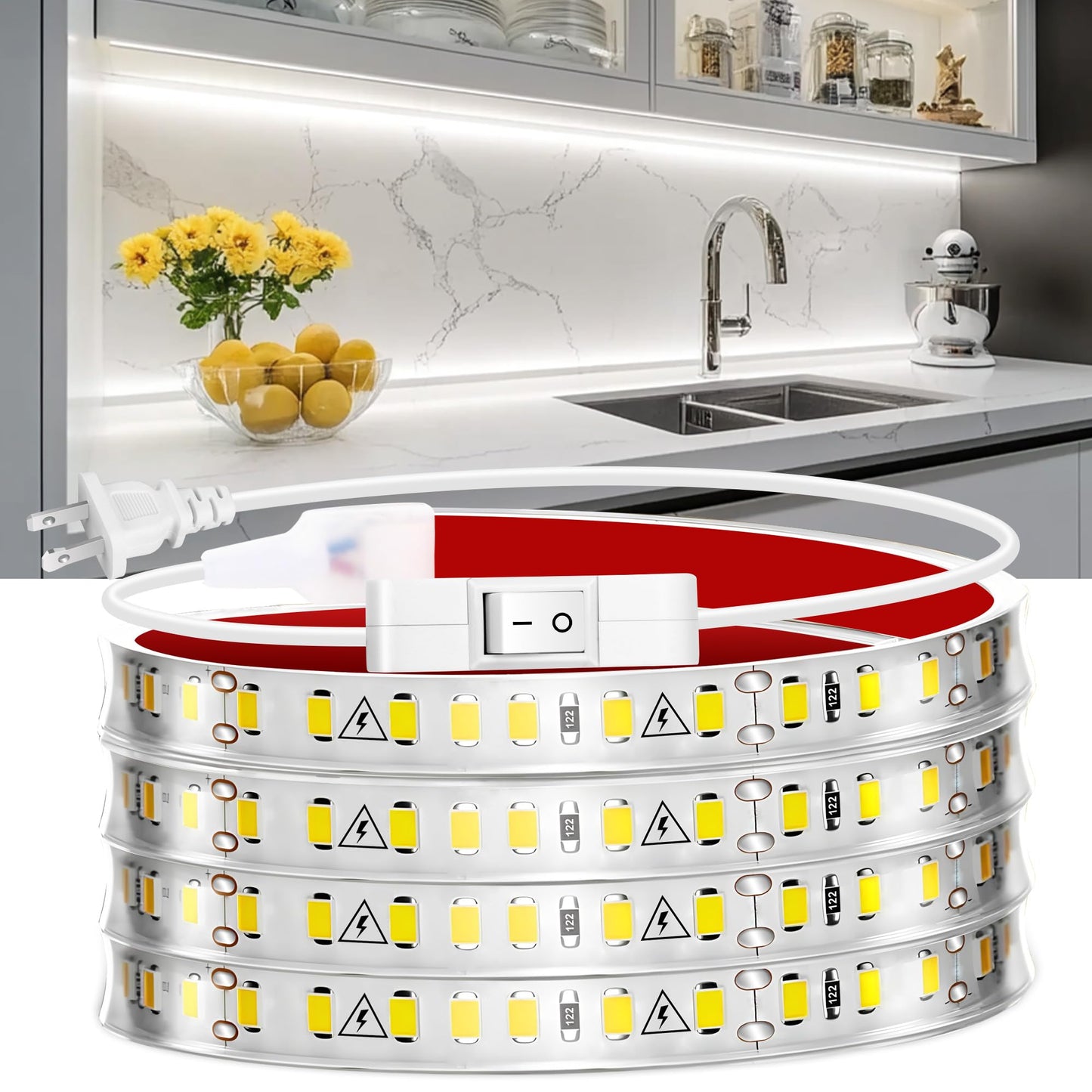 maylit Under Cabinet Strip Lighting Plug in 72in, Ultra Bright Small LED Light Bar, 6000K Cool White, 110V-120V Wired Lights for Kitchen Cabinet, Counter, Workbench, Desk, Closet, Shelf, Indoor