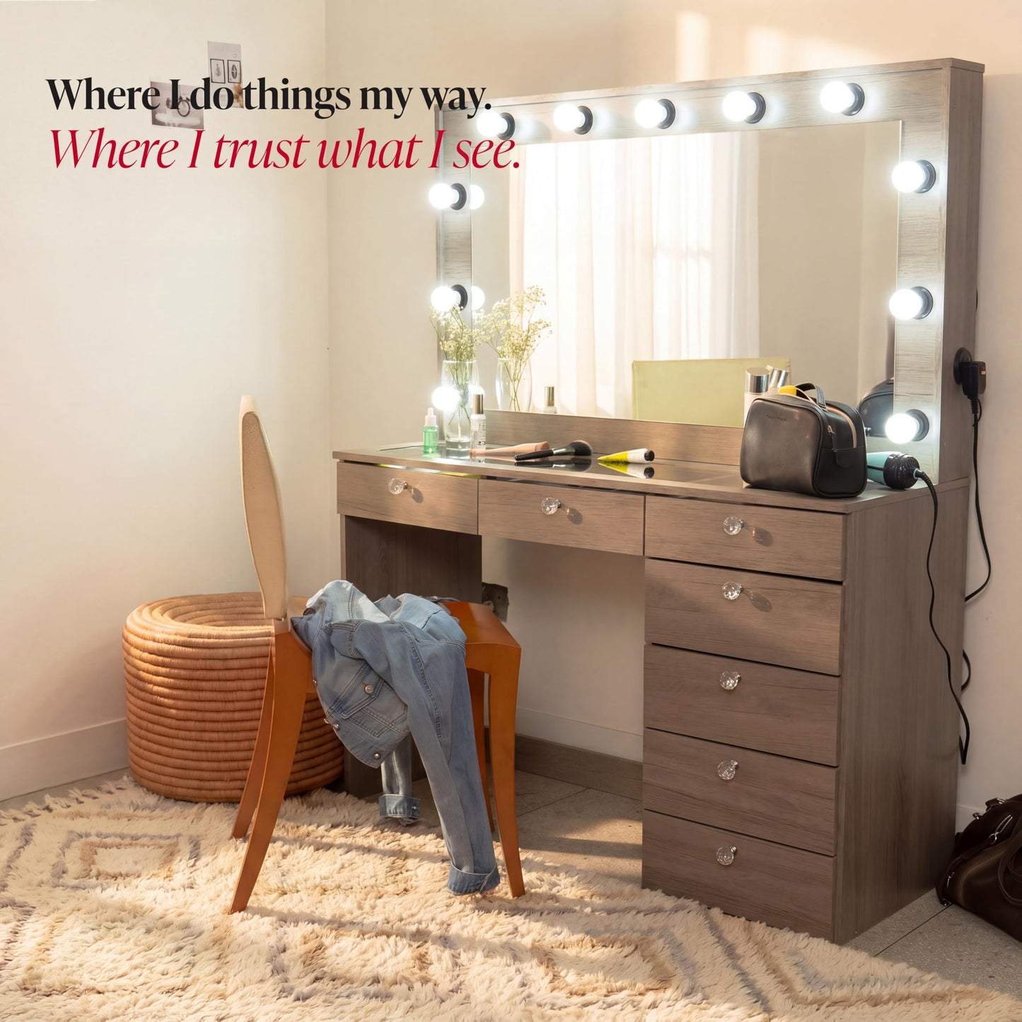 Boahaus Luna Vanity Desk with Framed Bulb Mirror – 7 Drawer Integrated Makeup Station (Greige, Bulb Mirror)