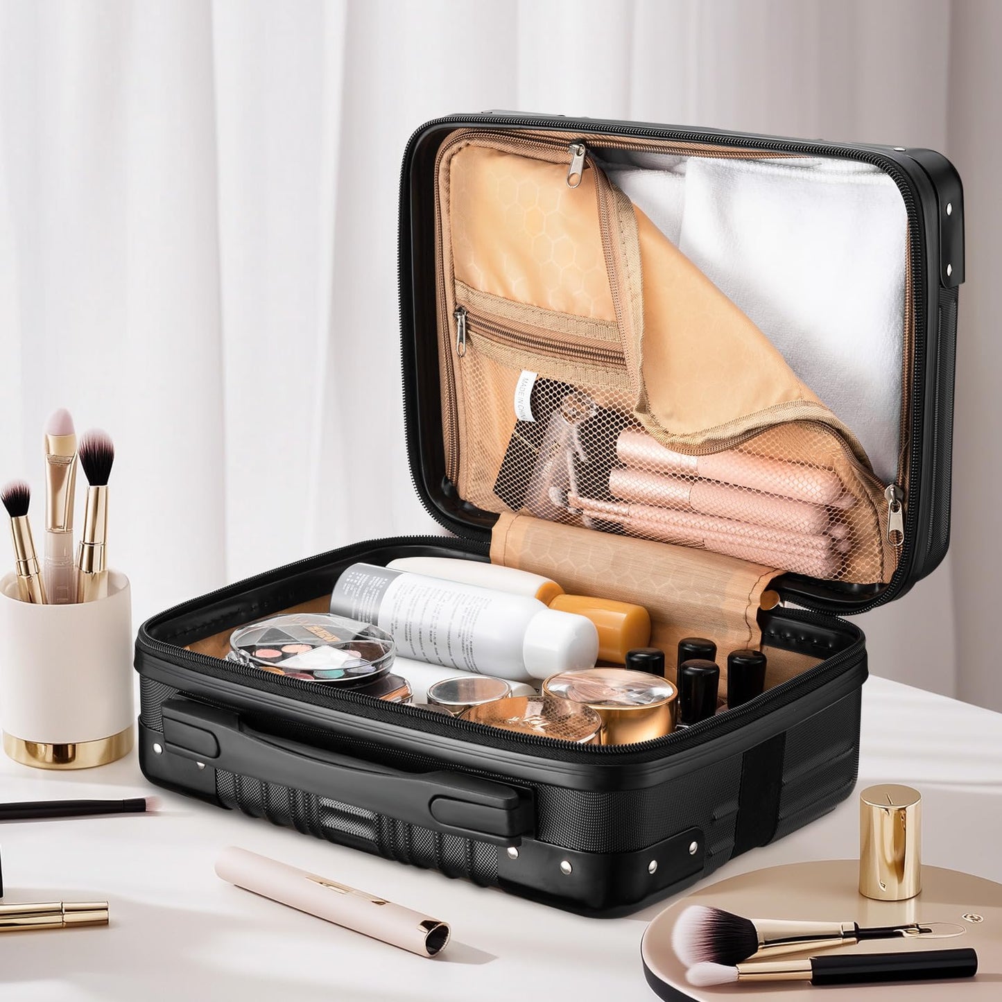Noverlife 14 Inch Portable Hard Shell Cosmetic Travel Case, Mini Travel Hand Luggage with Elastic Band Travel Makeup Case, Small Makeup Carrying Suitcase for Train Cosmetic Bag Travel Camping - Black