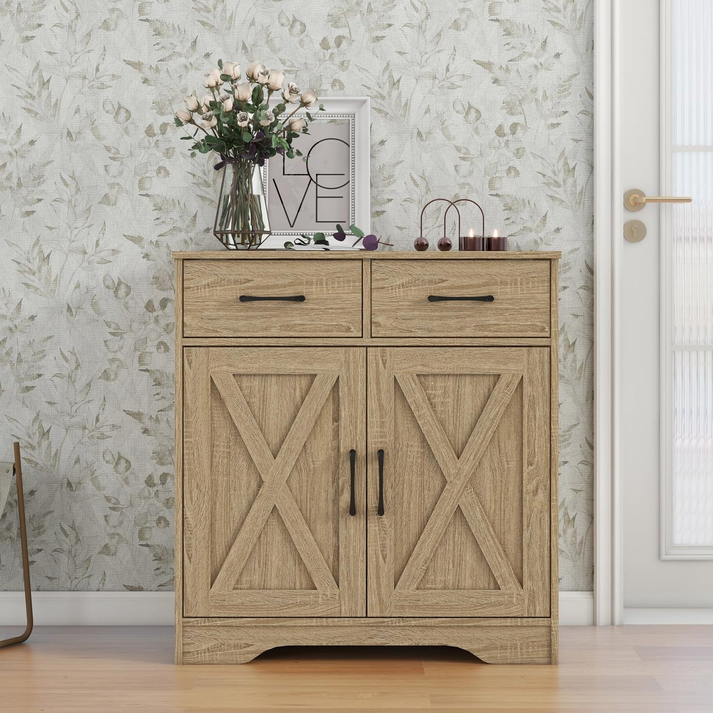 Panana Sideboard 2 Drawers 2 Doors Entryway Storage Cabinet Living Room Organizer Farmhouse Style Wooden Kitchen Cupboard (Nature)