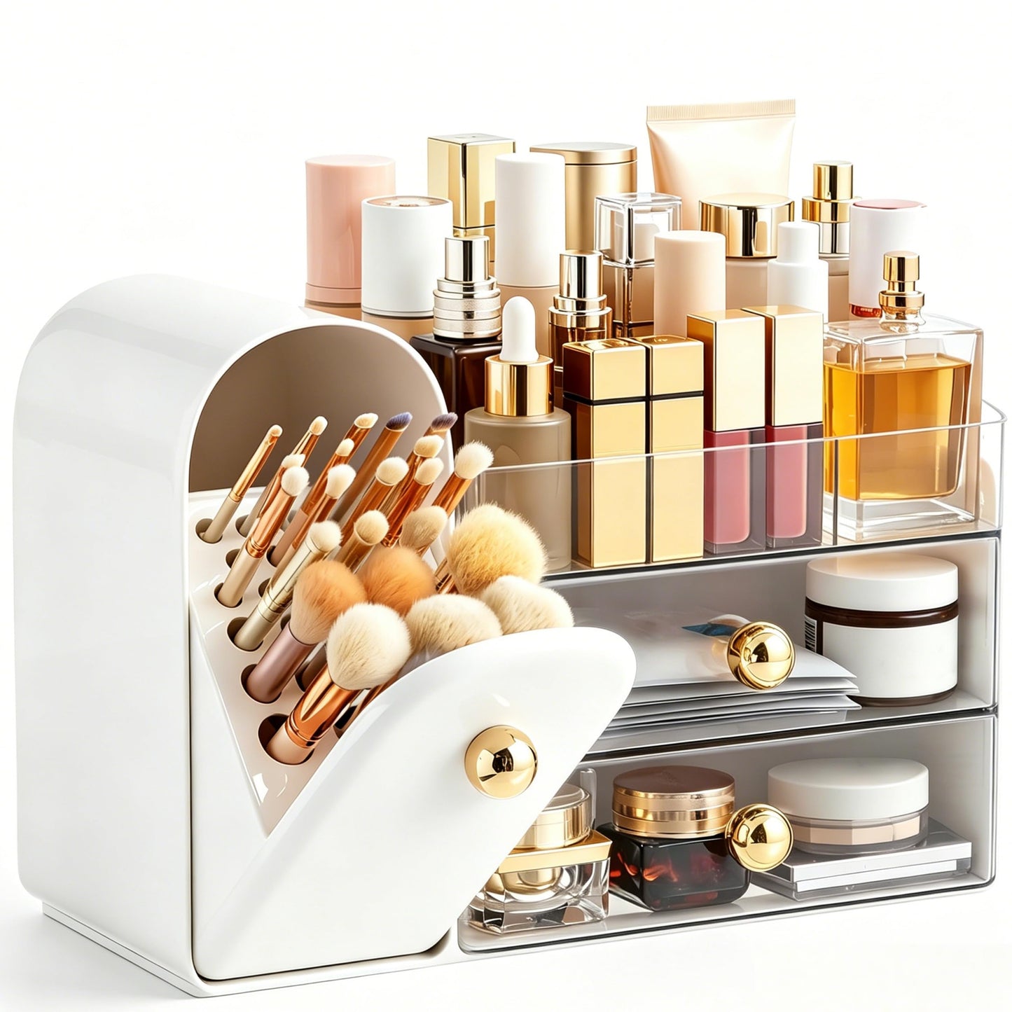 HBlife Makeup Organizer Countertop with Drawers, Vanity Organizers with Brush Holder, Bathroom Counter Organizer for Perfume, Nail Polishes, Lipsticks, Skincare and Eyeshadow Palettes, White and Clear