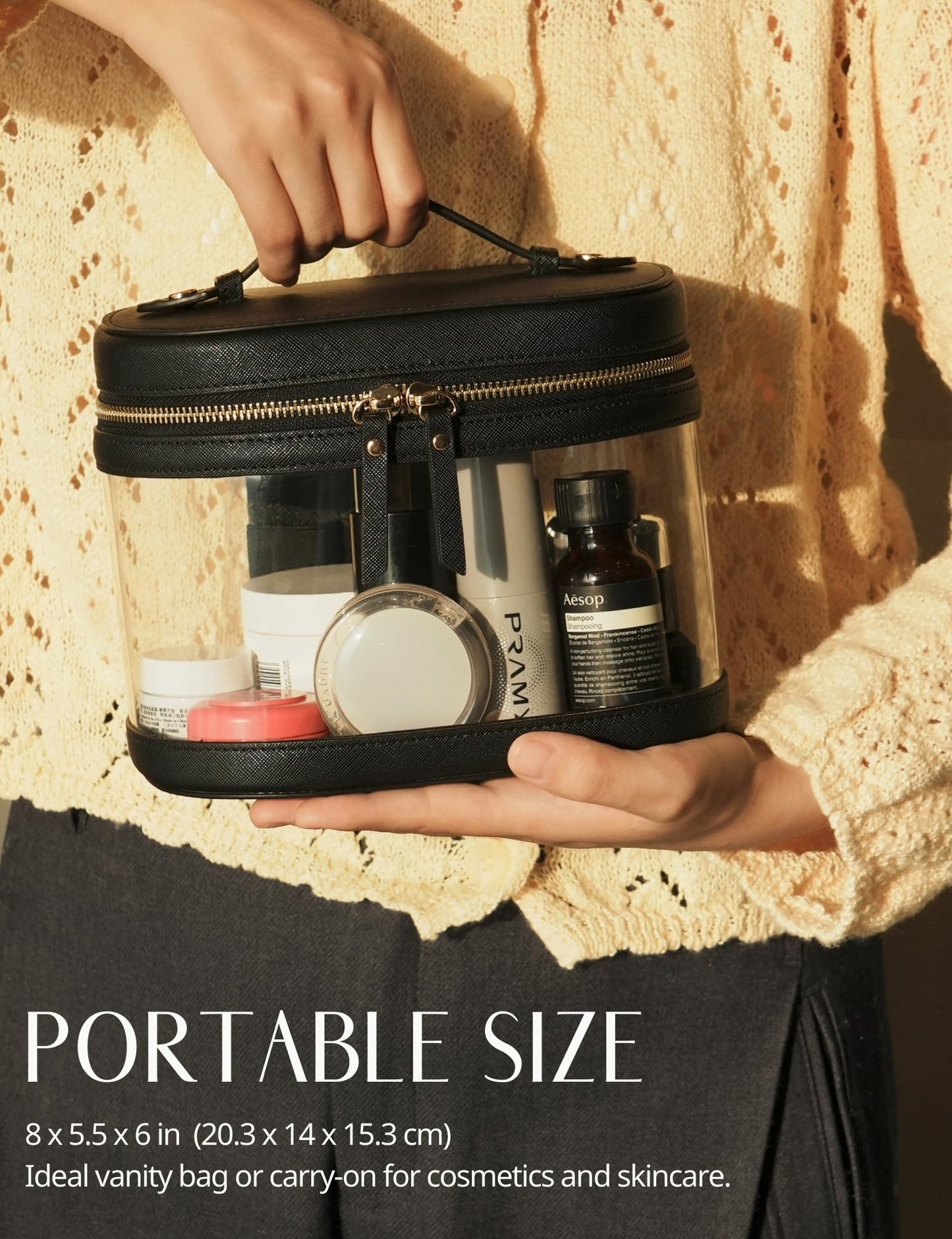 Popvibe Travel Makeup Bag Clear Compact Make Up Vanity Case with Brush Storage and Top Handle, Toiletry Makeup Case Traveling Leather Cosmetic Bag, Portable Medium Large Sized Train Case, Black
