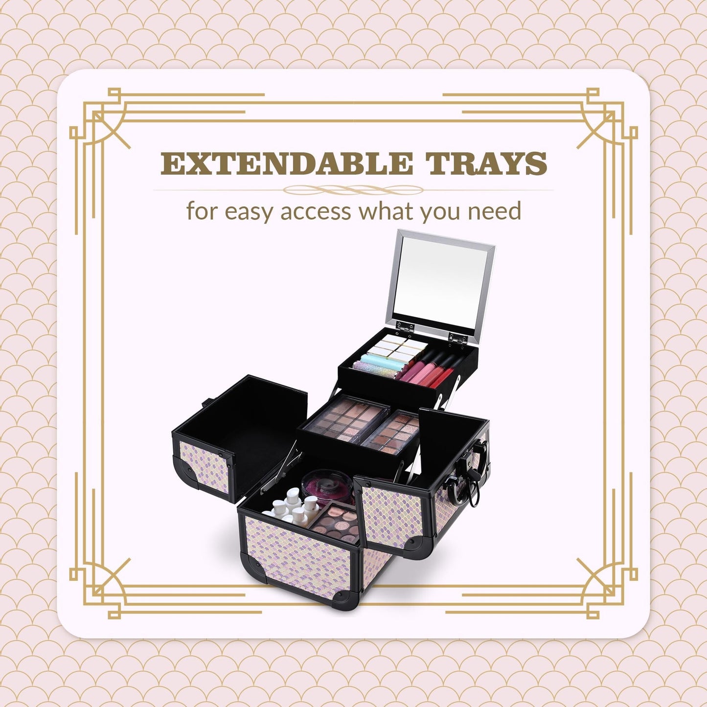 BYOOTIQUE Makeup Train Case Trolley w/Cube Case Cosmetic Organizer Art Deco Tyrian