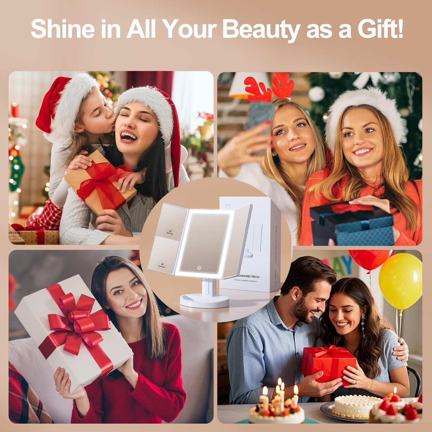 S'bagno LED Makeup Mirror with Lights, 1X/2X/5X Magnification, 3 Color Dimmable LED Modes, 270° Rotation, Trifold Vanity Mirror for Travel, Skincare & Grooming