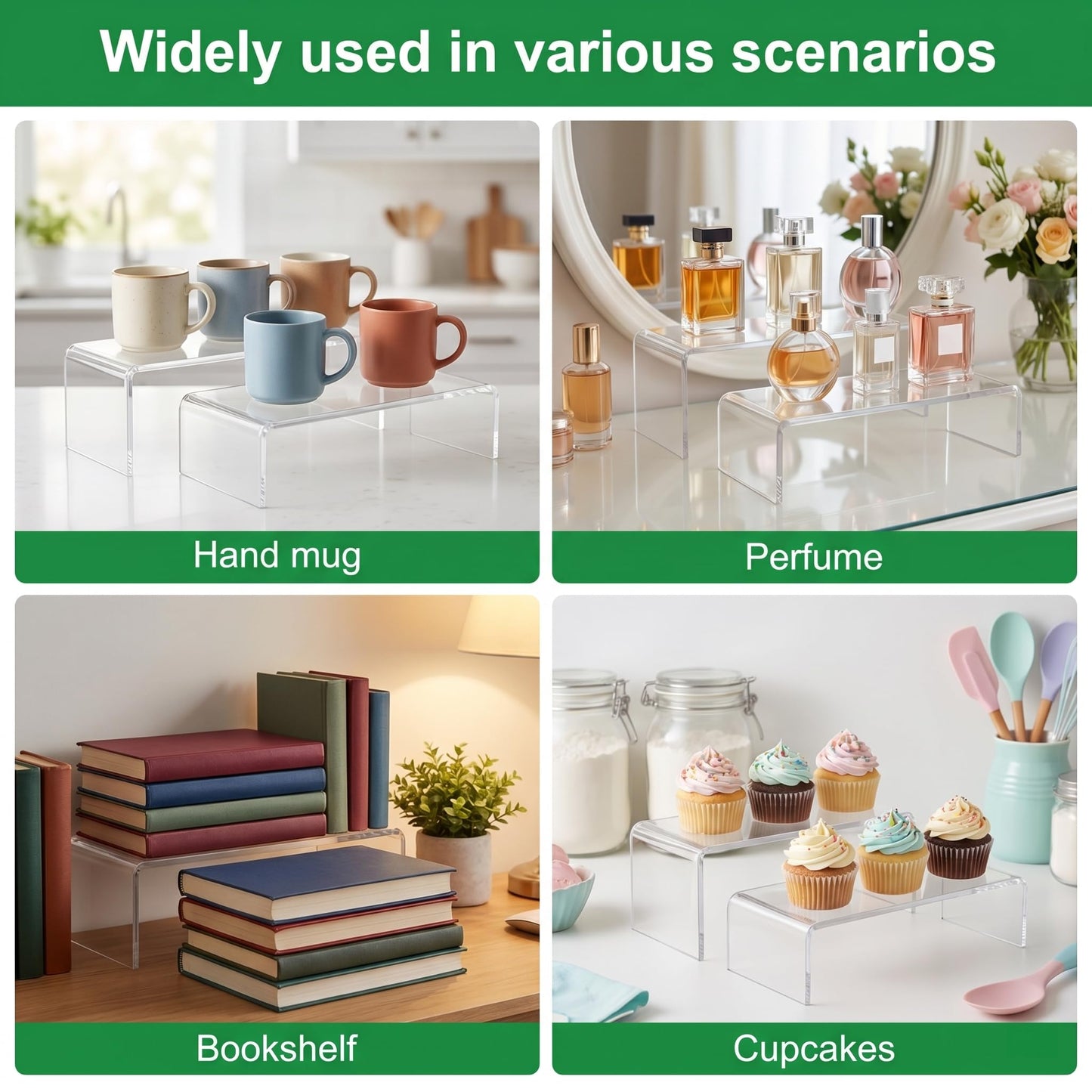 Enjamyo 6 PCS Clear Acrylic Display Risers, Rectangular Risers Display Stands, Product Stand, Clear Display Stand for Jewelry Perfume Figures Dessert Cupcake (7", 8", 9")