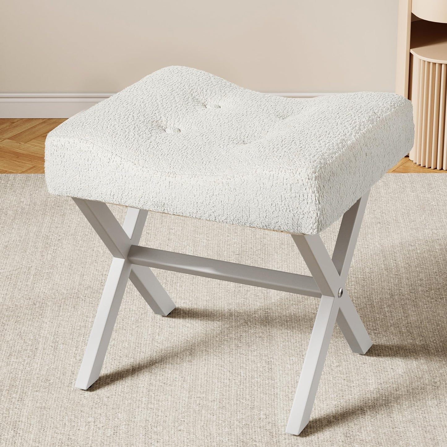 Memobarco 18-Inch Large Vanity Stool Chair, Vanity Bench with Metal X-Legs, Ottoman Accent Stool with Breathable and Soft Boucle Fabric Saddle Seat, White