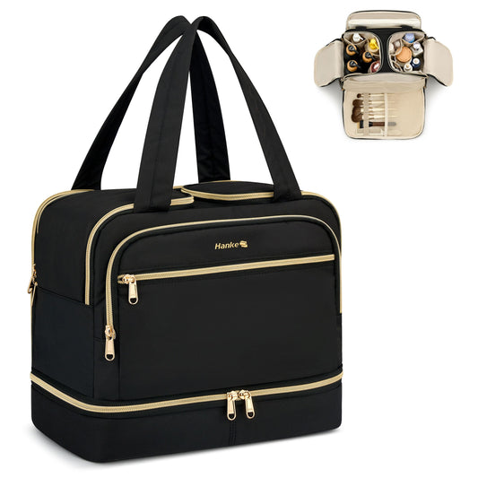 Hanke Travel Toiletry Bag, Lightweight Wide-open Large Toiletry Bags for Women, Dual-Layer Makeup Bag Water-Resistant Cosmetic Travel Bag with Handle for Accessories, Essentials, Black