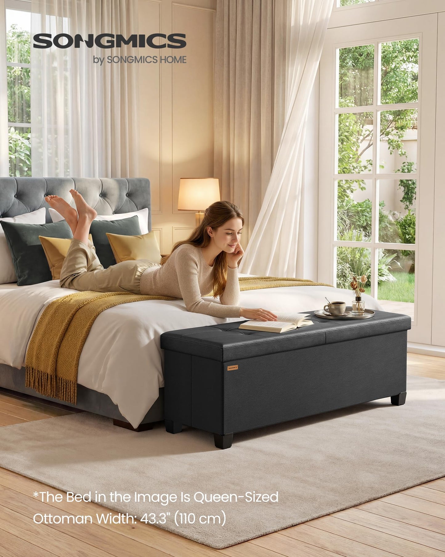 SONGMICS Storage Ottoman Bench with Legs, Folding Ottoman Foot Rest with Flipping Lid, Bench with Storage, for Living Room, Bedroom, Entryway, Synthetic Leather, 43.3 Inches, Ink Black ULSF085BH01