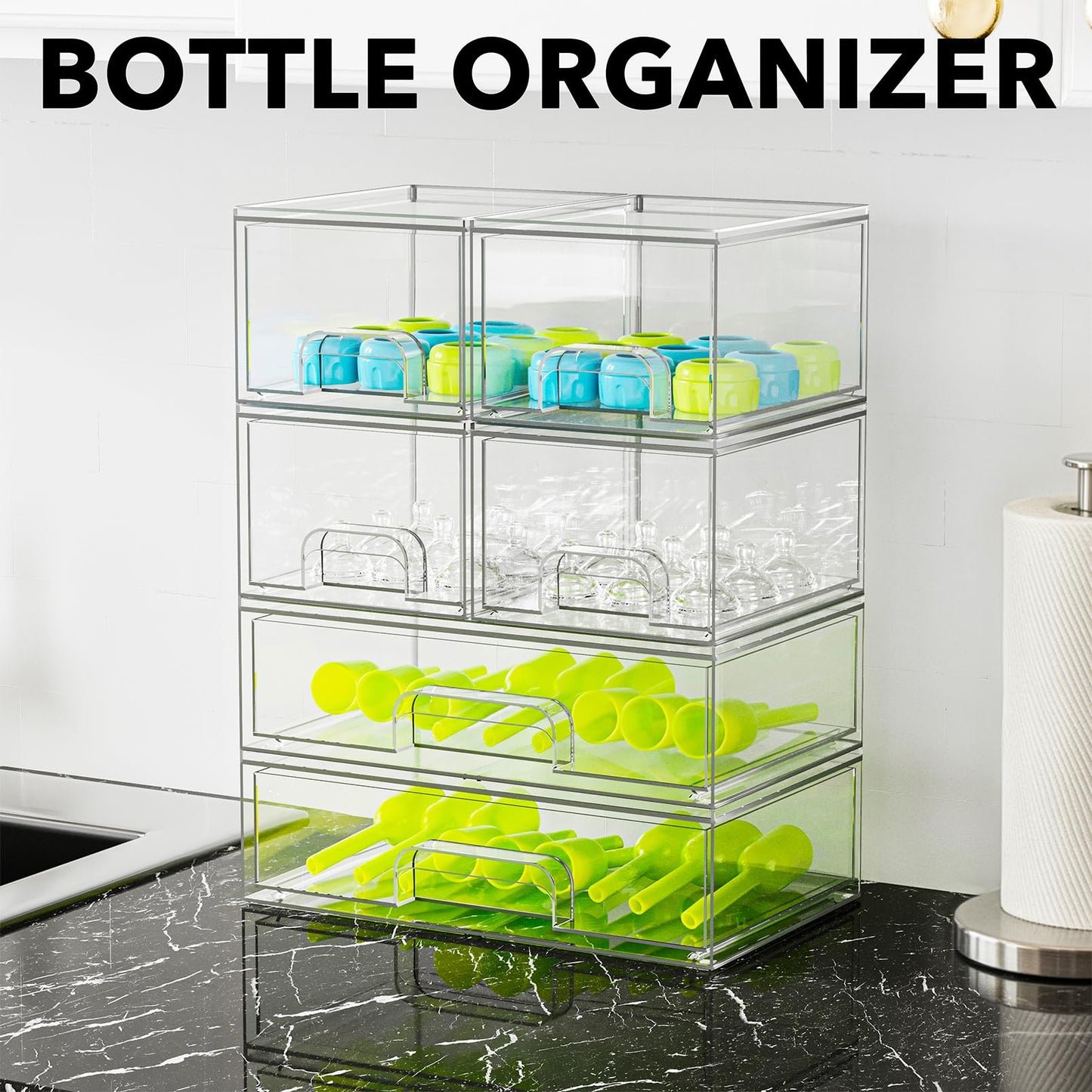 SpaceAid Bottle Storage Organizer Baby - Acrylic Bottles Station Organizer Container, Stackable Clear Drawers for Countertop, Vanity, Bathroom, Cabinet, Pantry Organization, 6 Pack, 4S2L, 15.6"H
