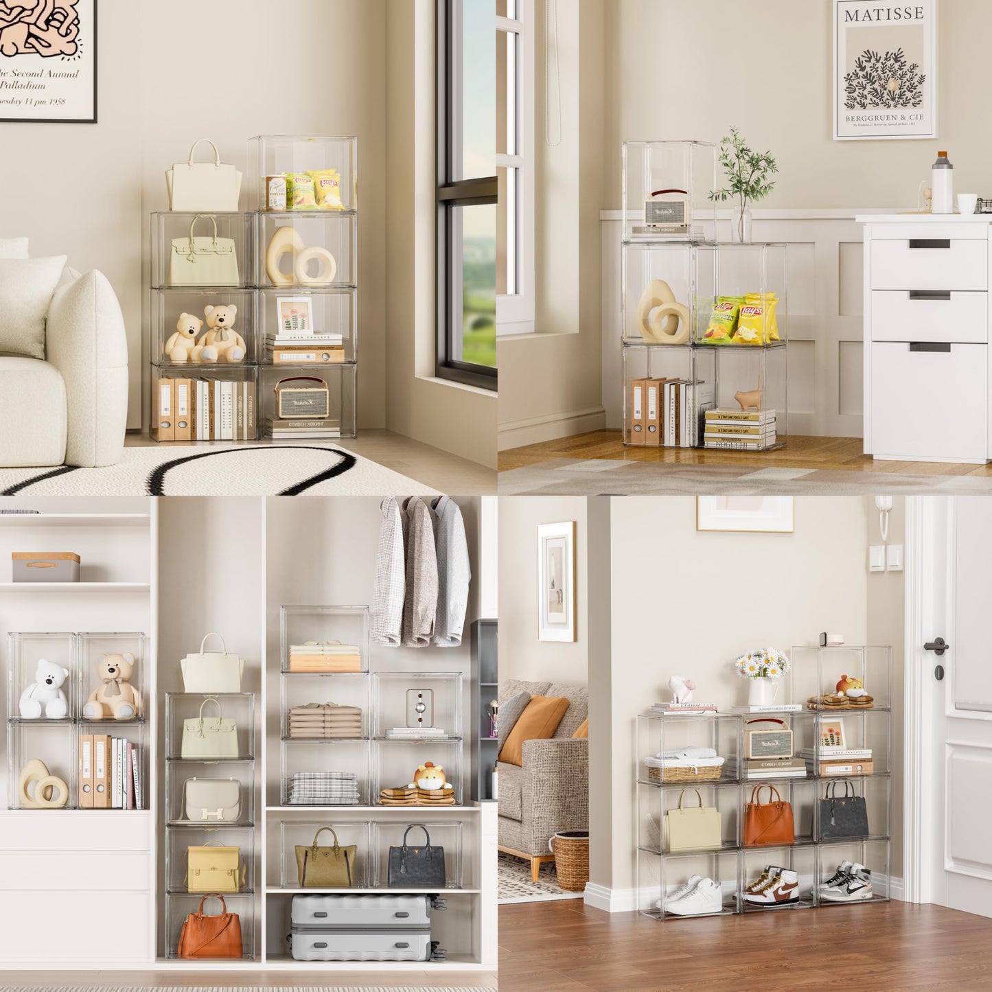 Proarea Clear Acrylic Storage Bins with Lids, 5 Pack Stackable Storage Boxes with Magnetic Front Door, Large Closet Organizers and Storage for Purse, shoes and Collectibles, Acrylic Display Case