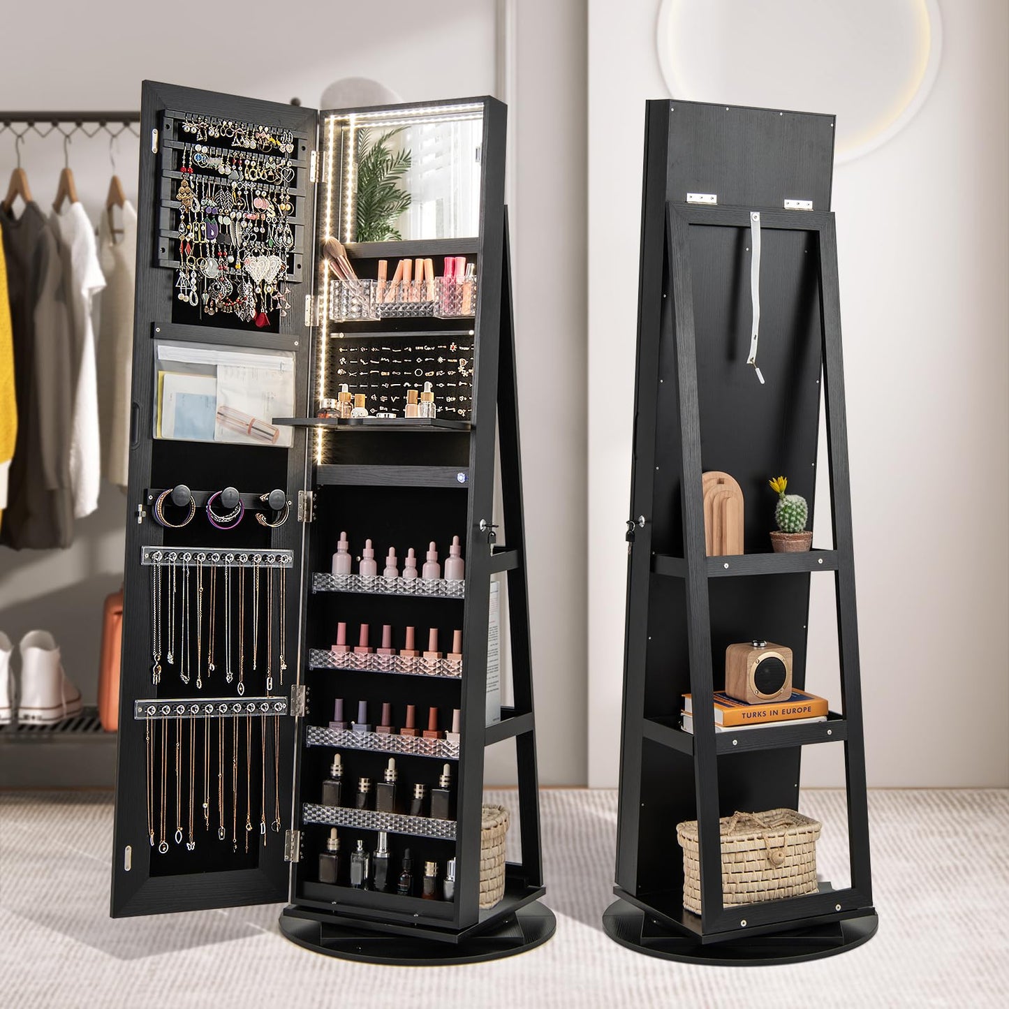 CHARMAID 360° Rotating Jewelry Armoire with LED Lighted Full Length Mirror & Built-in Vanity Mirror, Lockable Standing Jewelry Cabinet with Lights, Large Storage Organizer for Jewelry (Black)