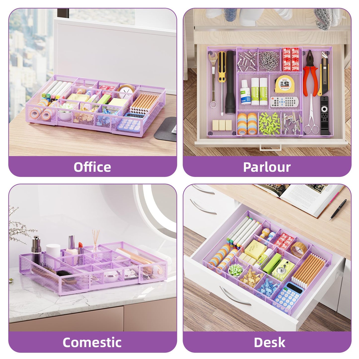 Marbrasse Expandable Desk Drawer Organizer, Mesh Drawer Organizer Tray with 10 Adjustable Compartments, Desk Organizers and Accessories for Office Supplies, Makeup & Vanity (Expandable-Purple)