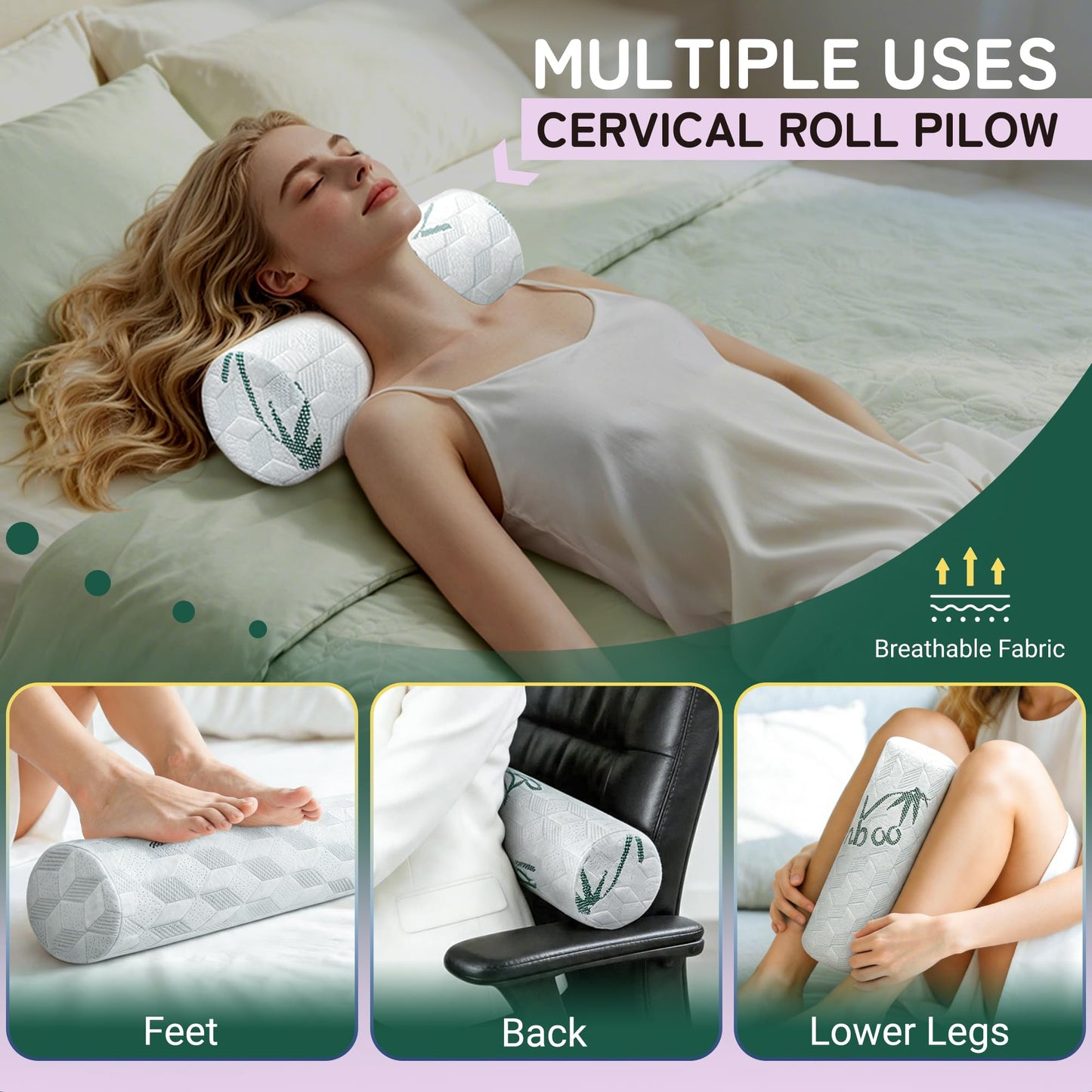 Cervical Roll Pillow, Cylinder Neck Pillow with Removable Washable Cover