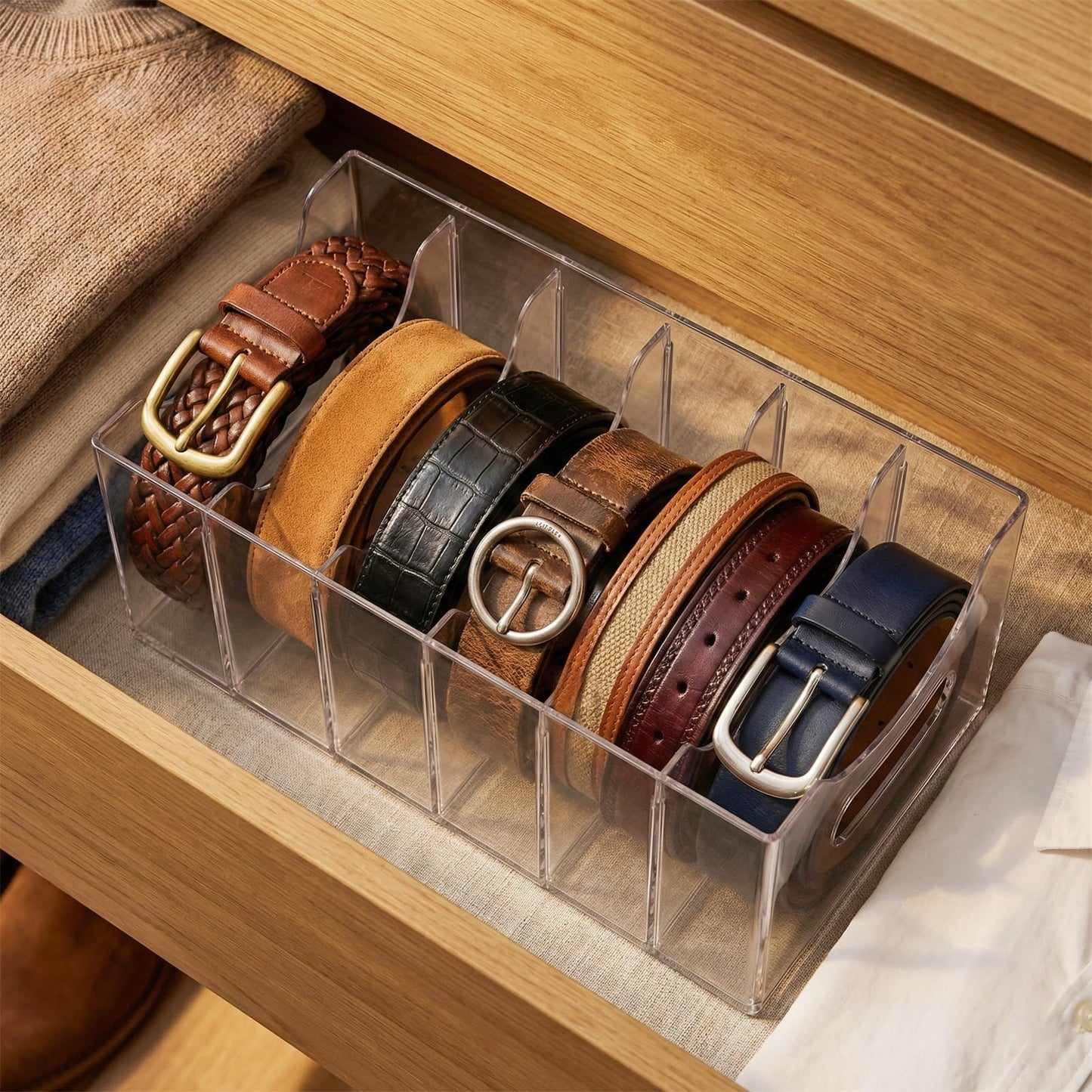 Sazunrel Acrylic Belt Organizer, Belt Holder Organizer 5 Compartments Clear Storage Holder for Closet & Drawer, Adjustable Display Case for Ties, Belts and Accessories