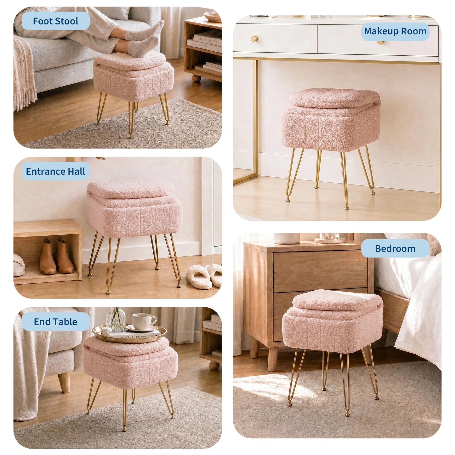 Garvee Vanity Stool Chair with Backrest, Square Ottoman with Hidden Storage Compartment, Soft Teddy Fabric, 280 Lbs Weight Capacity, Modern Style for Bedroom Living Room,Pink,Small