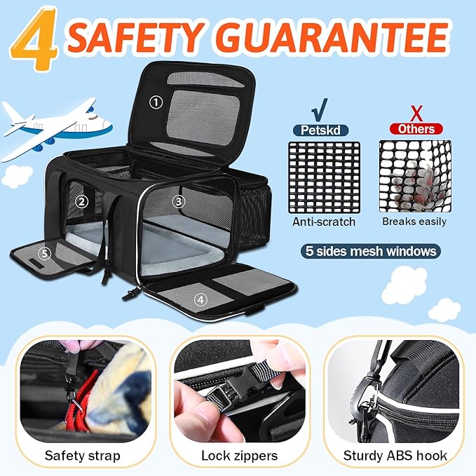Petskd Top and Side Expandable Pet Carrier 18x13x9.5 Inches Southwest Airline Approved, Soft-Sided Carrier for Small Cats and Dogs with Locking Safety Zippers and Anti-Scratch Mesh(Black)