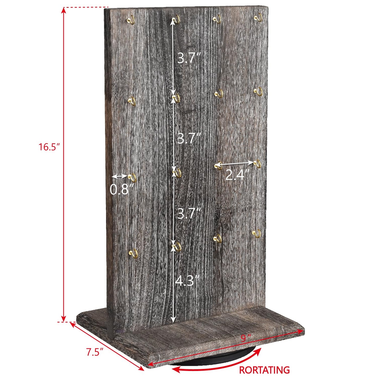 Ikee Design Wooden Rotating Two-Sided Jewelry Display Stand, Rotating Organizer with 32 Hooks for Store, Keychain Earring Display with Hooks, Coffee color, 9 W x 7.5 D x 16.5 H in