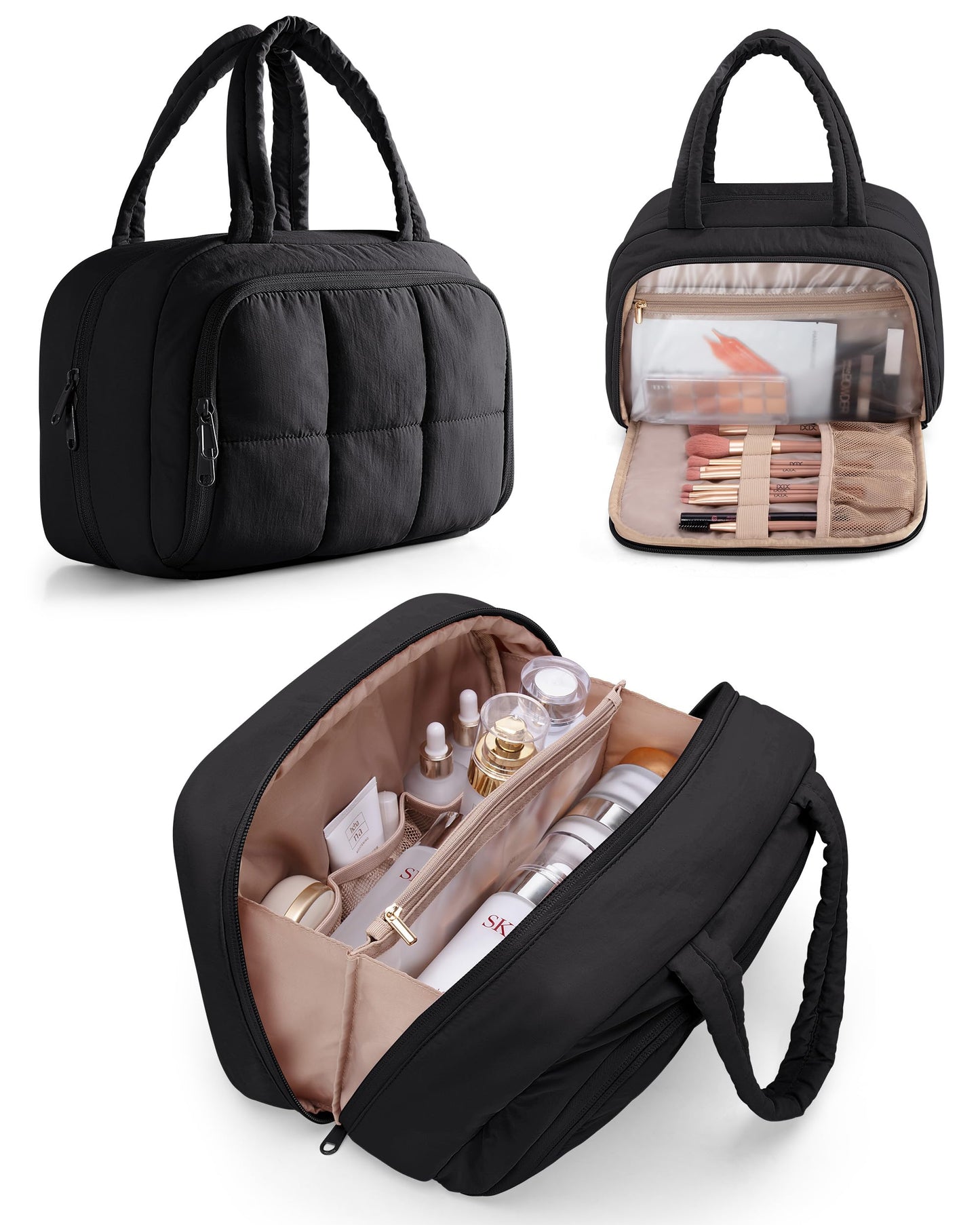 Marscamd Travel Makeup Bag for Women, Puffy Cosmetics & Toiletry Organizer with Leakproof Pockets for Travel-Size Shampoo, Conditioner, Brushes & Essentials - Medium Size, Black (Bag Only)