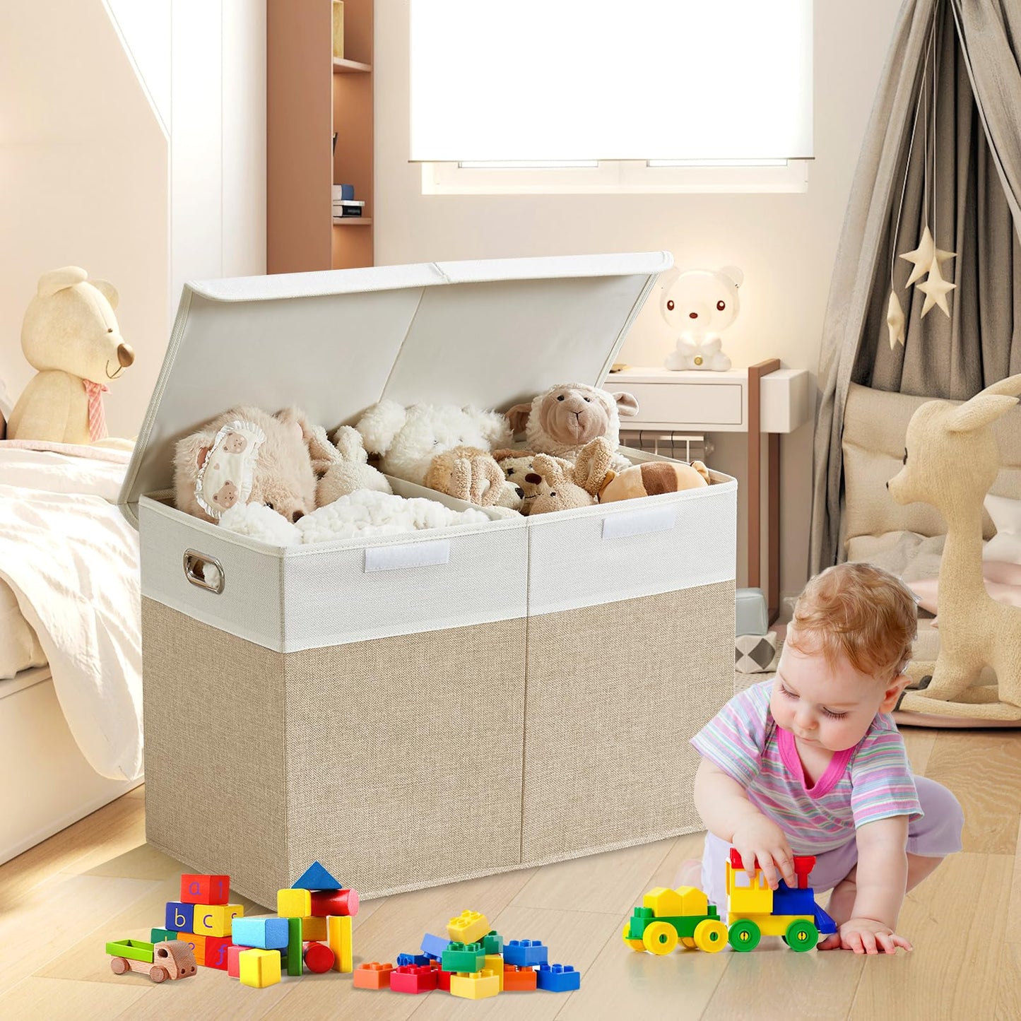 Roobyl Large Toy Storage Box with Lid, Collapsible Toys Storage Organizer Bins with Dividers and Handles, Storage Chest Bin for Kids, Boys, Girls, Nursery 25"x13" x16" (Beige & White)