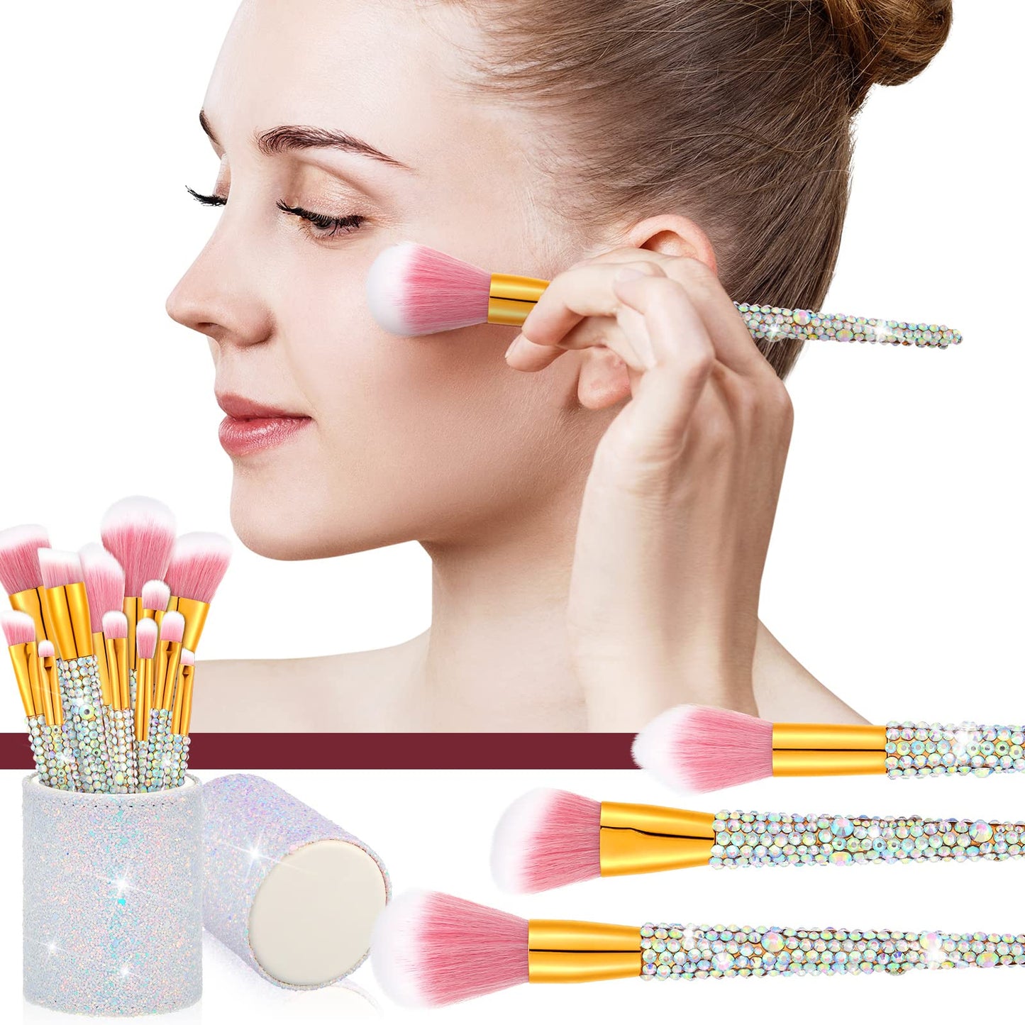 Rtteri 13 Pcs Rhinestone Silver Makeup Brushes Set Yellow Bling Crystal Professional Face Cosmetics Blending Liquid Foundation Powder Concealer Eye Shadows Make up Beauty Tool Glitter with Holder