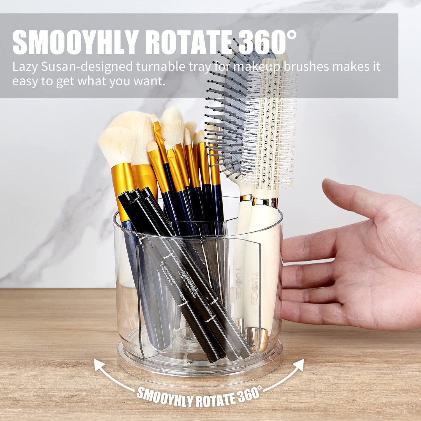 Makeup Brush Holder Organizer -Rotating 360° Clear Storage Cup Containers for Vanity, Desk, Countertop, Spinning Pen Holder for Desk, Round Make up Brush Stand with 5 Slots, for Cosmestics (Clear)