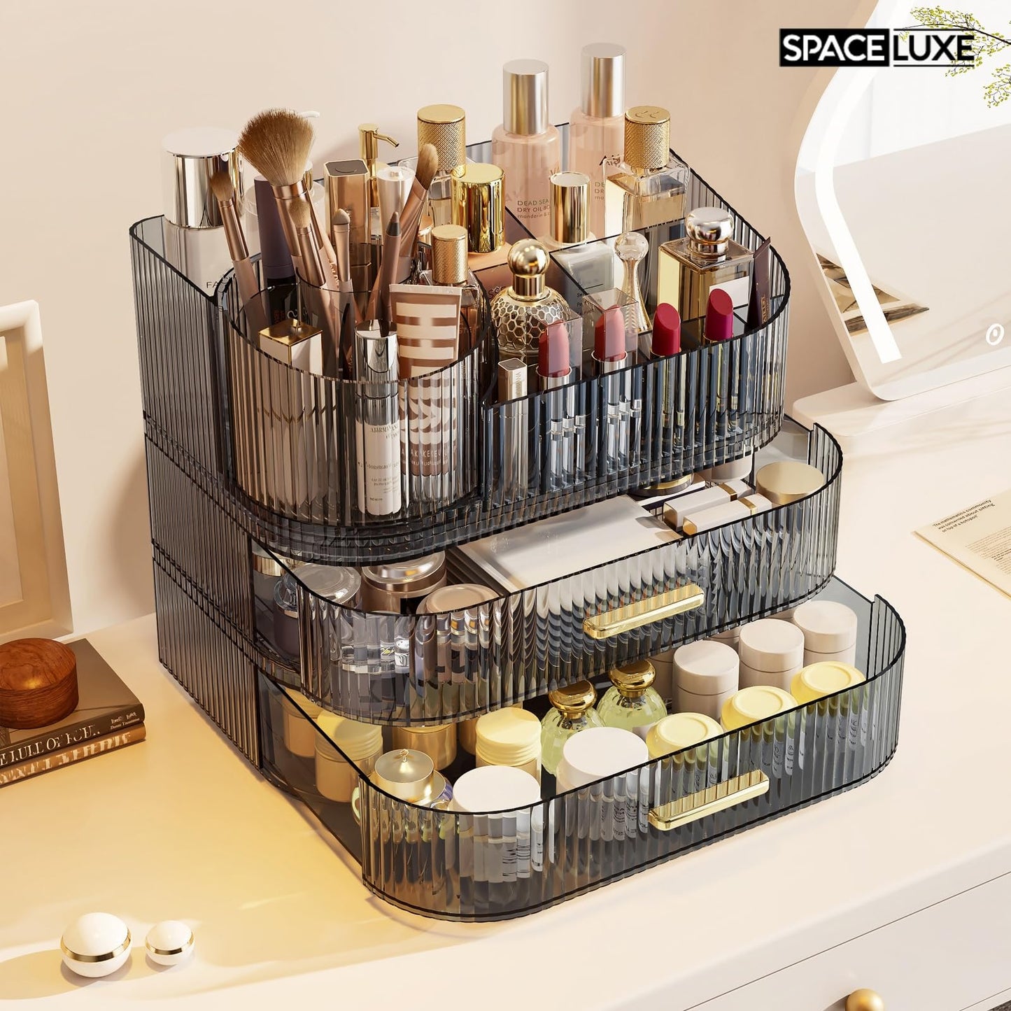 SpaceLuxe Makeup Organizer with Drawers and 360° Rotating Brush Holder, Large Capacity Cosmetic Storage for Vanity, Skincare, Perfume, Hair Accessories, Lipstick & Jewelry (Transparent Gray, 3-layer)
