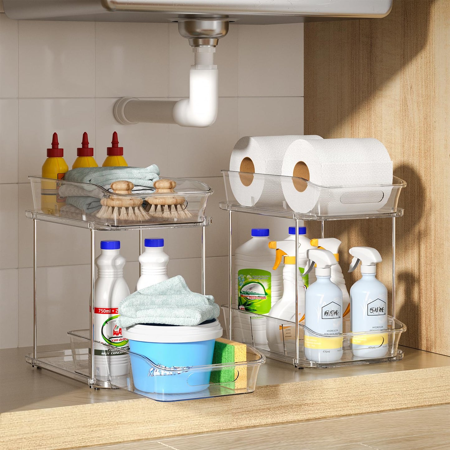 Delamu 2-Tier Under Sink Organizers and Storage, Multi-Purpose Stackable Bathroom Cabinet organizers, Pull Out Kitchen Pantry Organization and Storage with Dividers(2 Pack, Clear)
