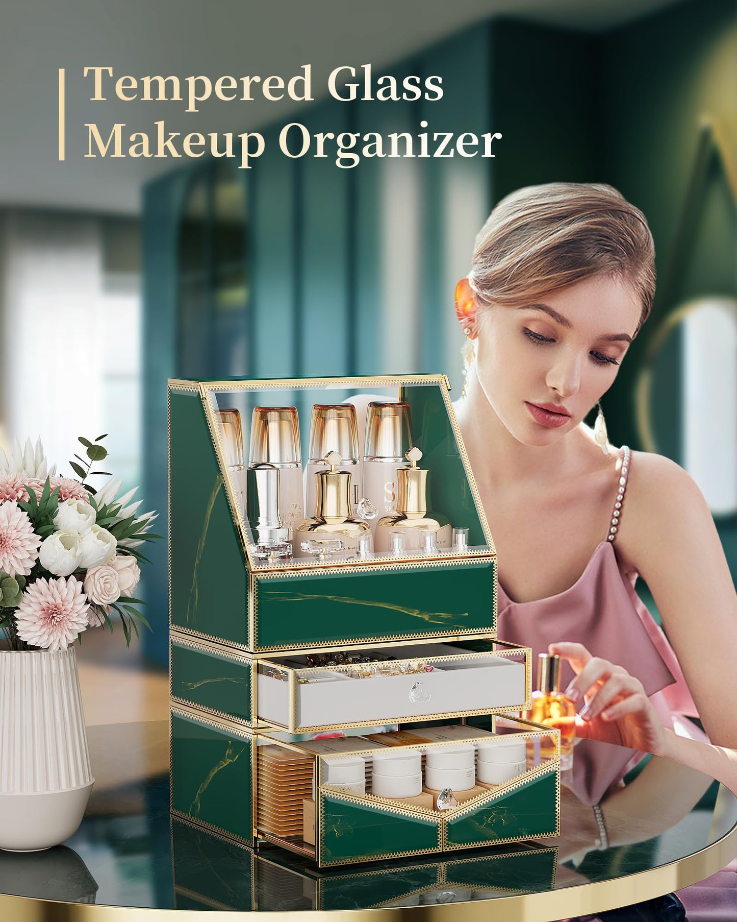 Youdepot Extra Large Makeup Organizer, Glass Cosmetic Storage with Drawers, Stackable Makeup and Jewelry Organizer for Vanity Table, Bathroom Countertop, Skincare, Lipsticks, Perfume, Brushes
