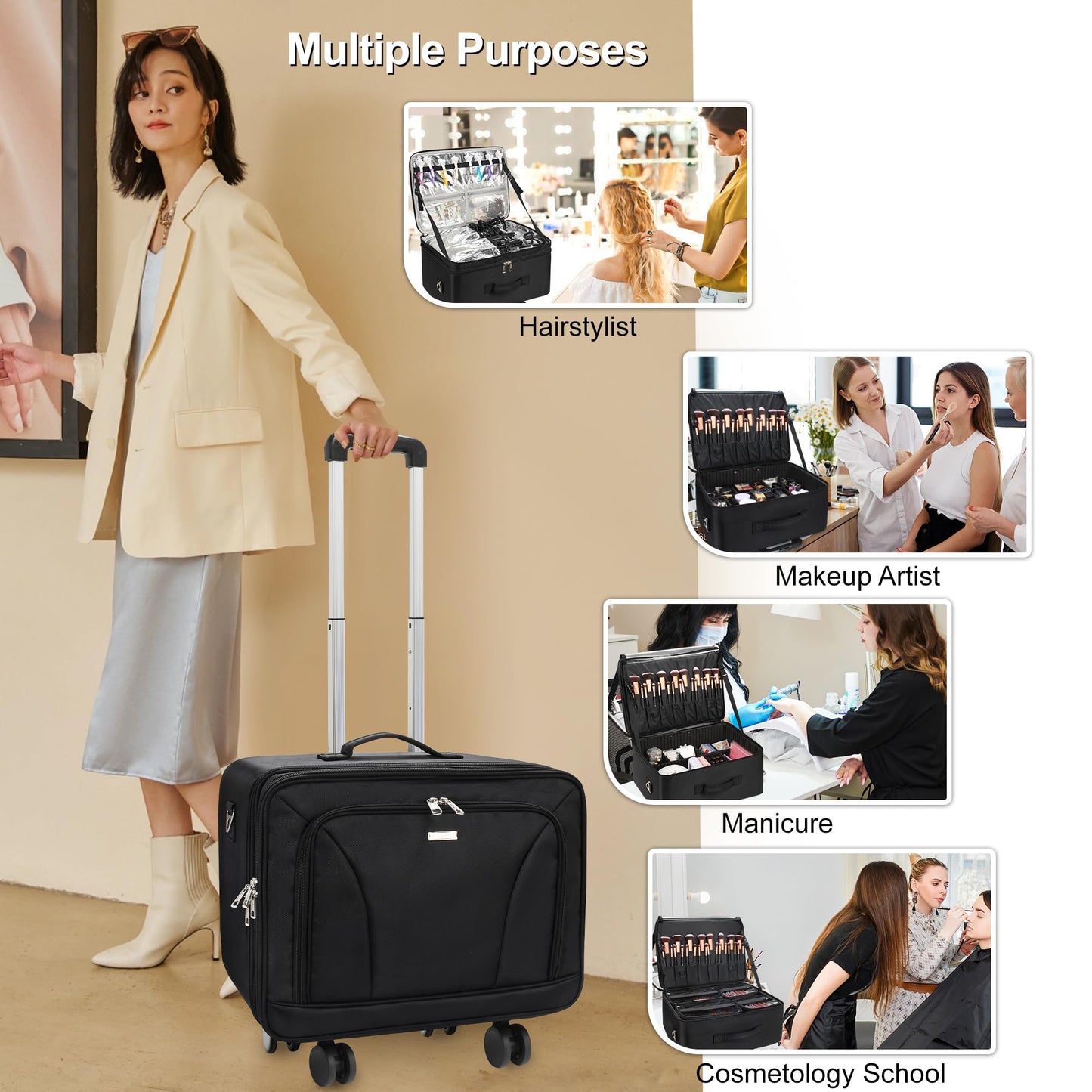 MONSTINA Rolling Makeup Train Case, Cosmetology Case on Wheels Makeup Artist Bag Professional Cosmetics Beauty Hairdresser Bag Hairstylist Cosmetic Bag with 4 Bags Extra Large Makeup Bag with Wheels
