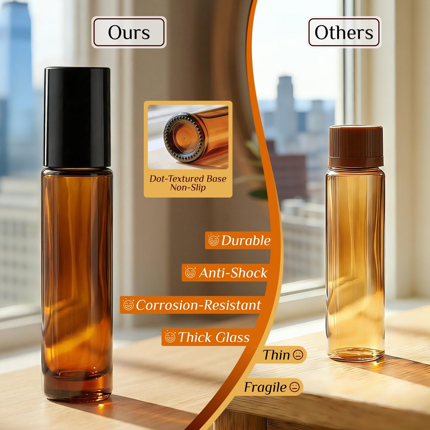 PrettyCare Set of 24, 10 ml Amber Glass Roller Bottles for Essential Oil with Stainless Steel Roller Ball - Refillable Leak-proof Empty Roll on Bottles with Black Caps for Travel, Perfume,Lab