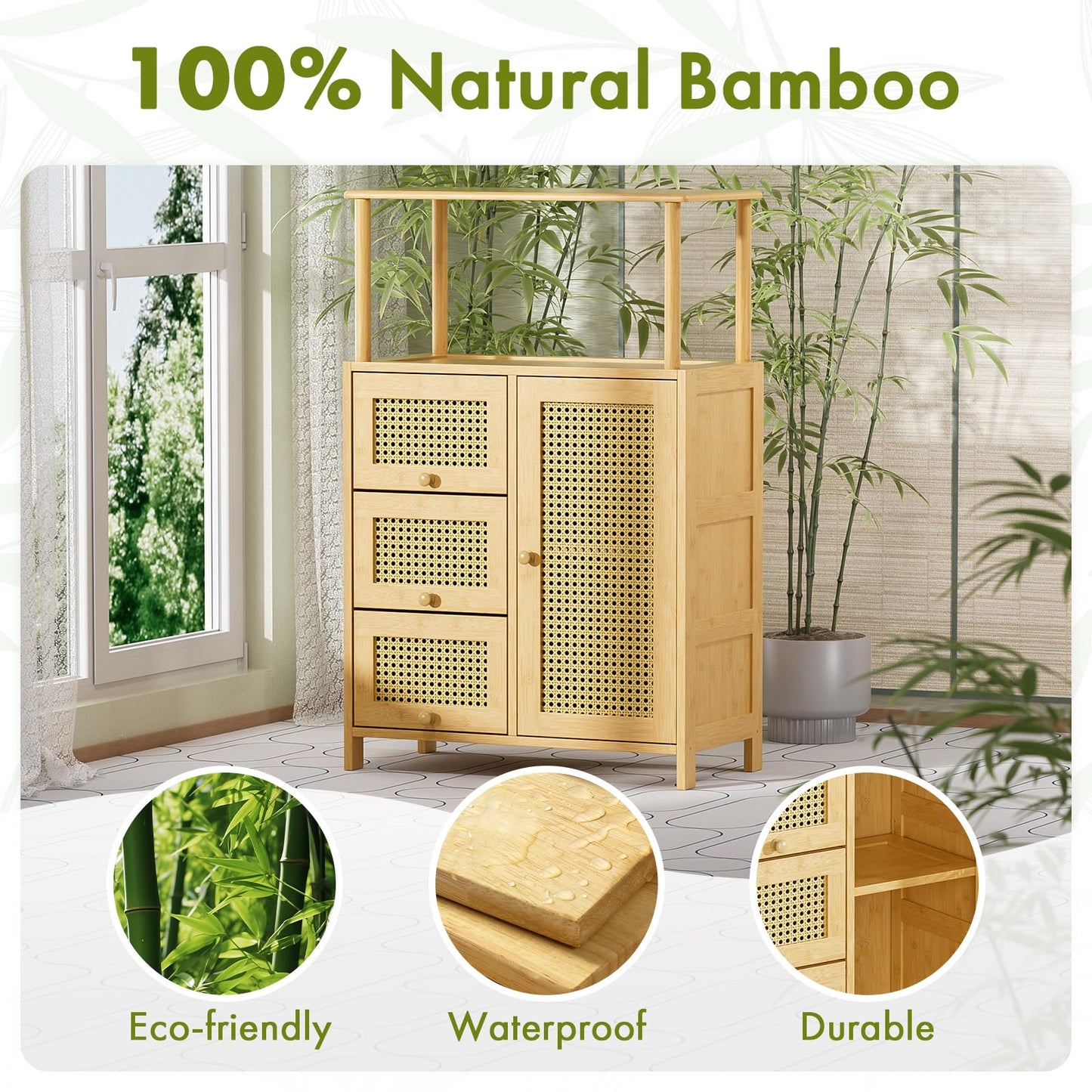 Amazer Sideboard Buffet Cabinet with Storage, Bamboo Storage Cabinets, Rattan Sideboard with Adjustable Shelf, Pantry Cupboard for Kitchen Living Room Entry Coffee Bar, Natural Color