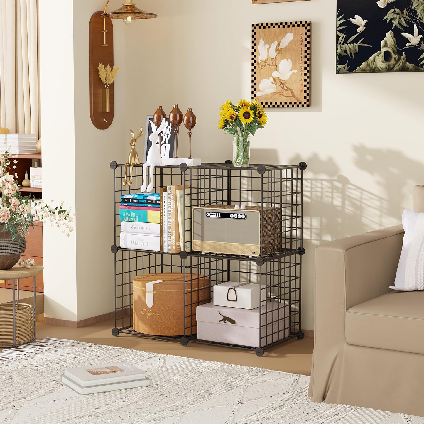 C&AHOME Wire Cube Storage, 4-Cube Storage Organizer Metal, C Grids Storage Bins Shelving, Modular Bookshelf Shelf, Closet Cabinet Ideal for Bedroom, Office 12.4”L x 24.8”W 36.6”H Black UWCS3004B