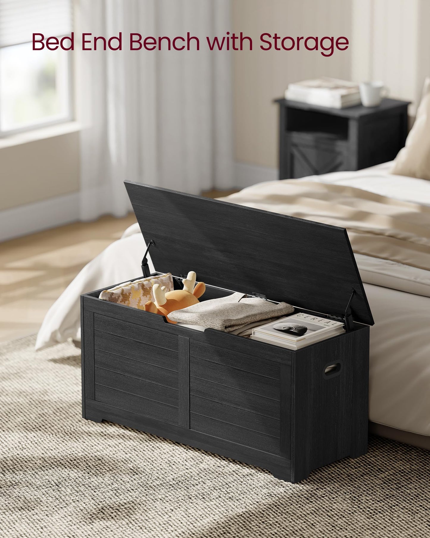 VASAGLE Storage Chest, Storage Bench with 2 Safety Hinges, Farmhouse Style, 15.7 x 39.4 x 18.3 Inches, for Entryway, Bedroom, Living Room, Charcoal Gray ULSB061B01