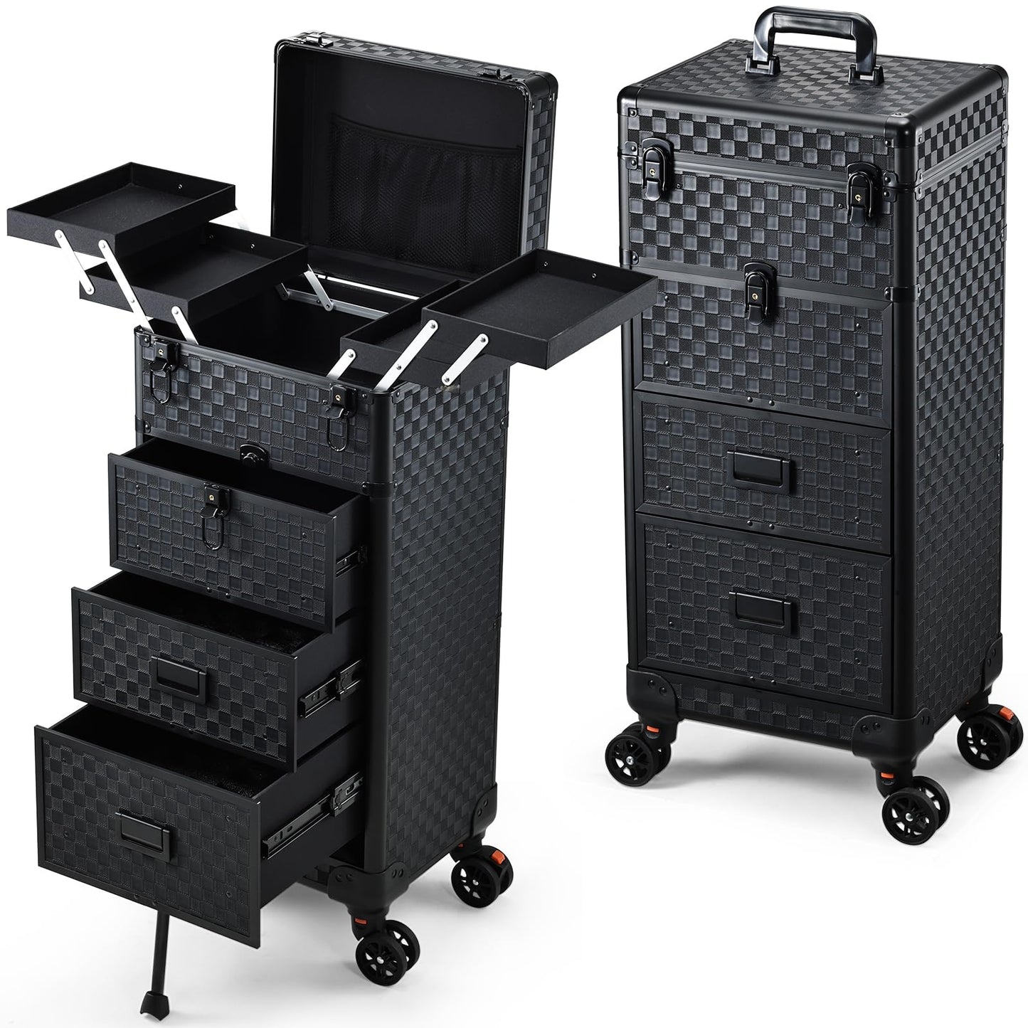 Stagiant Rolling Makeup Case with Drawers Cosmetology Case on Wheels 4 IN 1 Makeup Case 3 Drawers with Foot Stand Spring-release Mechanism Rolling Make Up Organizer for Artist Salon Nail Teach Trunk