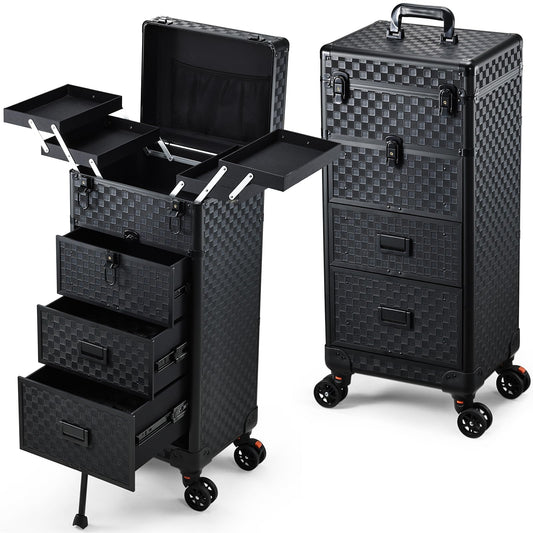 Stagiant Rolling Makeup Case with Drawers Cosmetology Case on Wheels 4 IN 1 Makeup Case 3 Drawers with Foot Stand Spring-release Mechanism Rolling Make Up Organizer for Artist Salon Nail Teach Trunk