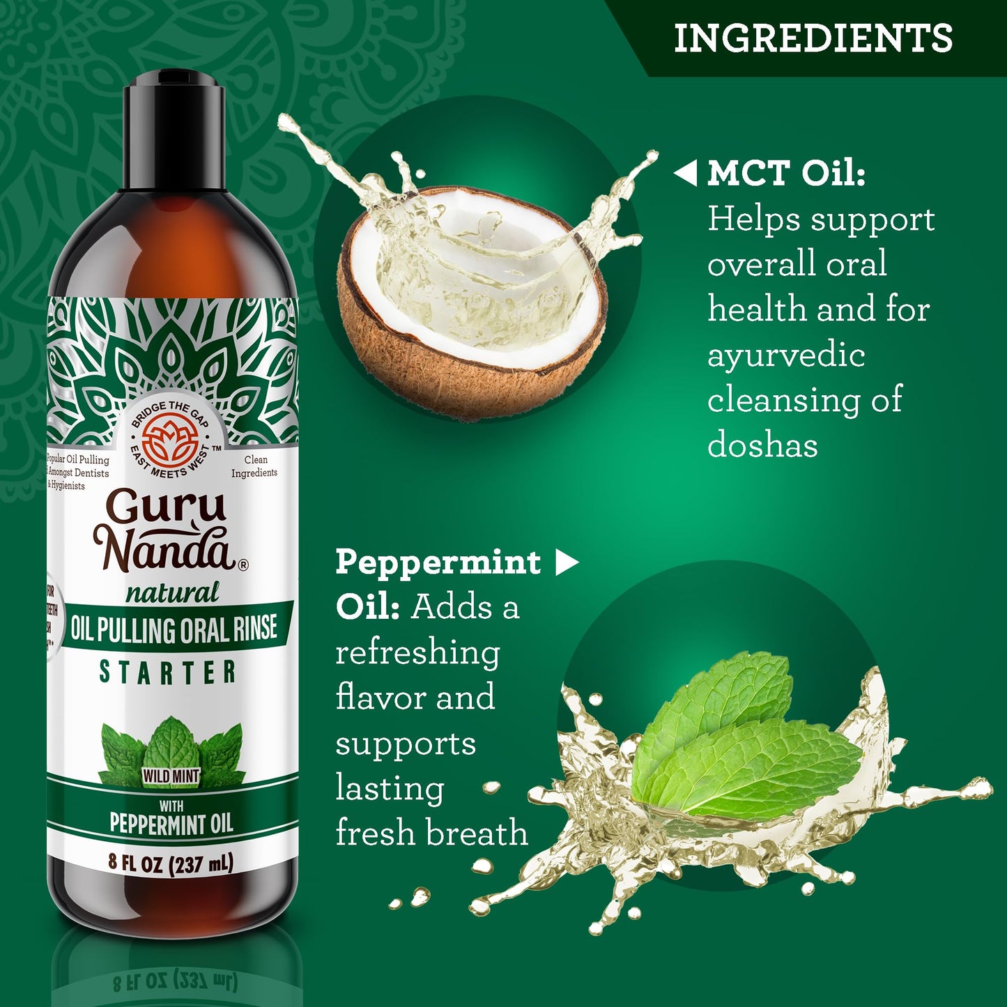 GuruNanda Starter Pulling Oil Mouthwash for Natural Teeth Whitening, Coconut and Peppermint Oil for Fresh Breath & Happy Gums, with Tongue Scraper, Alcohol-Free, 2X8 Oz