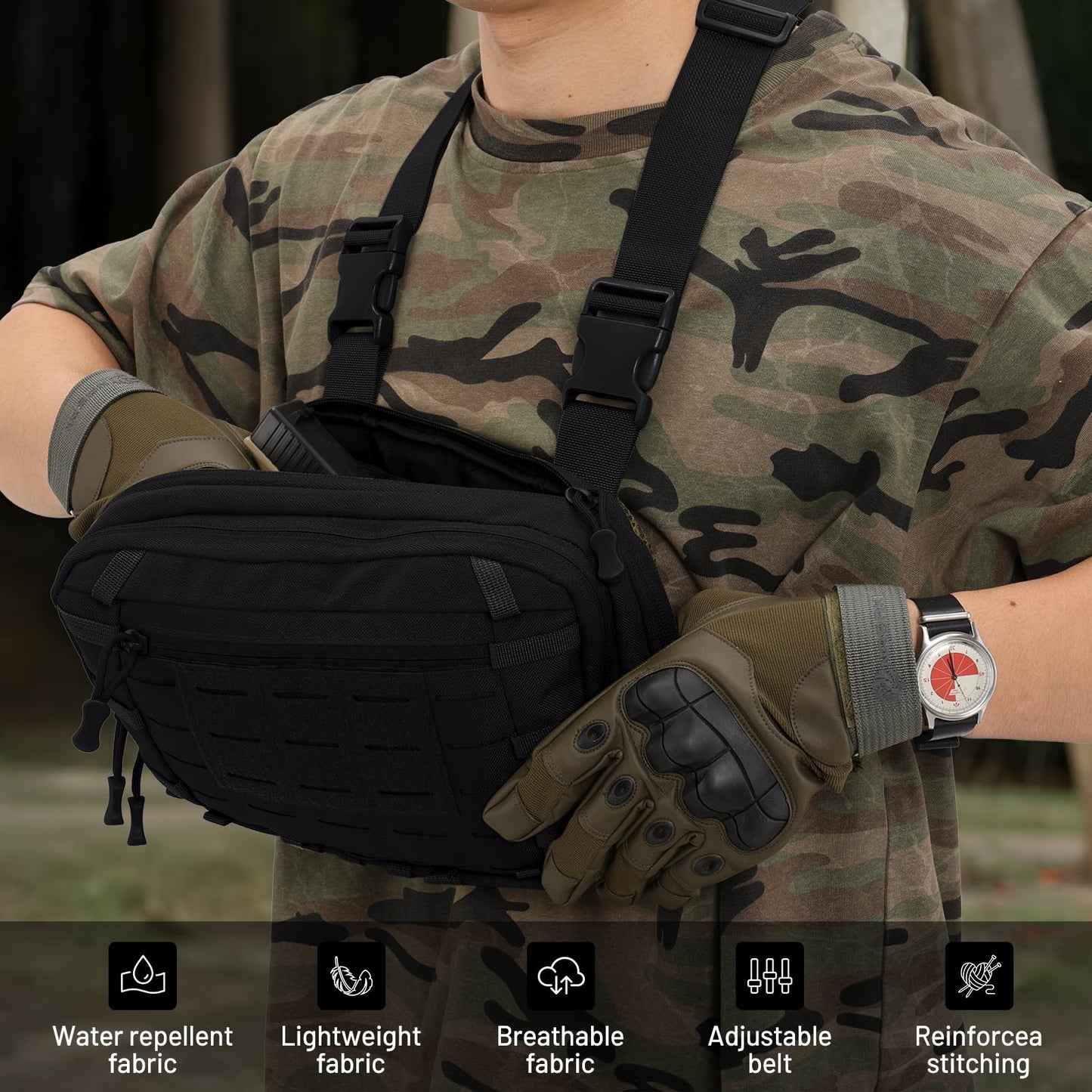 AUMENTAR Tactical EDC Chest Bag Utility Molle Chest Rig Pouch with CCW Compartment Adjustable Strap Admin Pouch Outdoor Chest Pack Black