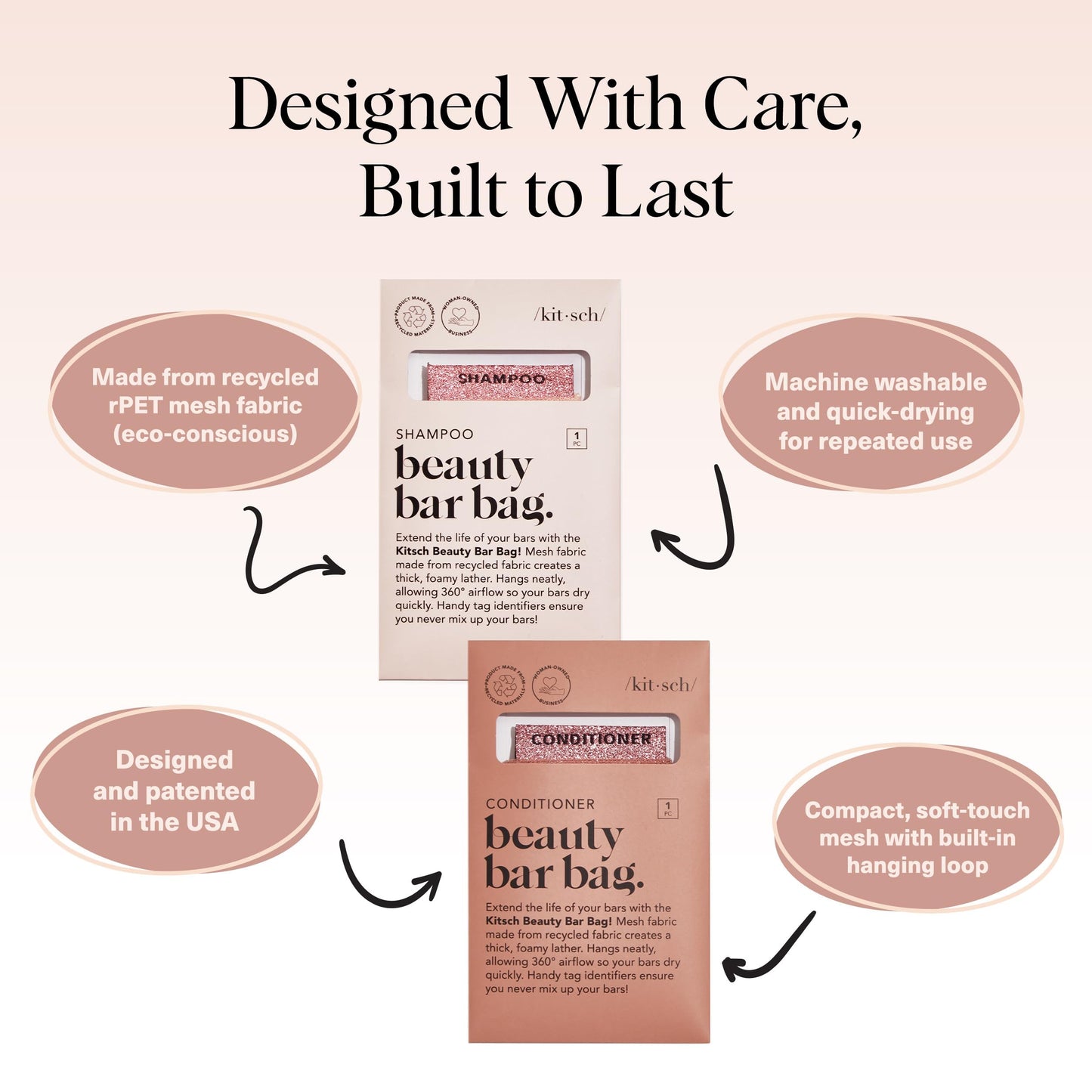 Kitsch Bar Soap Saver Pouch – Patented Mesh Soap Bag for Shampoo and Conditioner Bars - Extends Use & Prevents Soggy Mess - Recycled Beauty Bar Bag, Eco-Friendly - 2pc Set, Blush & Terracotta