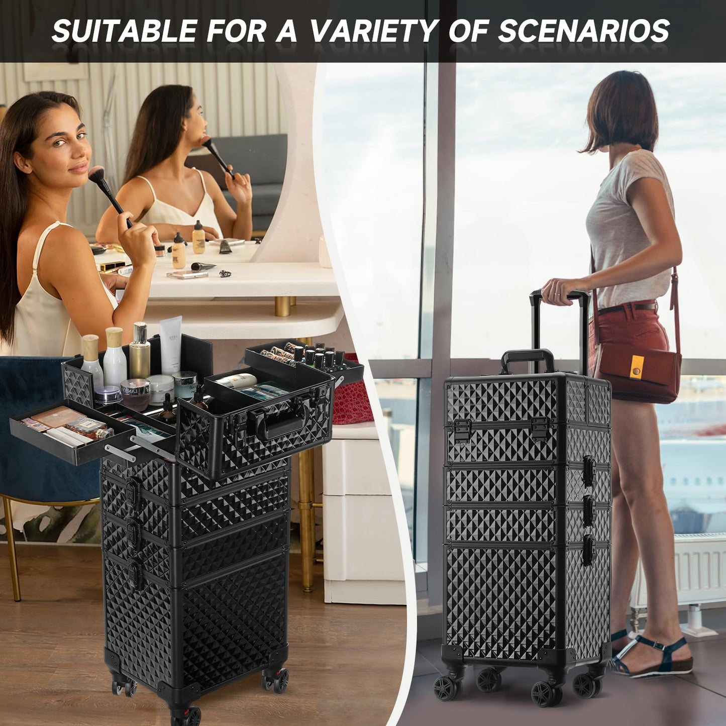 Leeora&Leekoo Portable Multi-Storey Nail Case for Nail Tech Organizer - Wheels Makeup Case Organizer, Cosmetic Case, Makeup Train Case, Make Up Case 8036(Black)