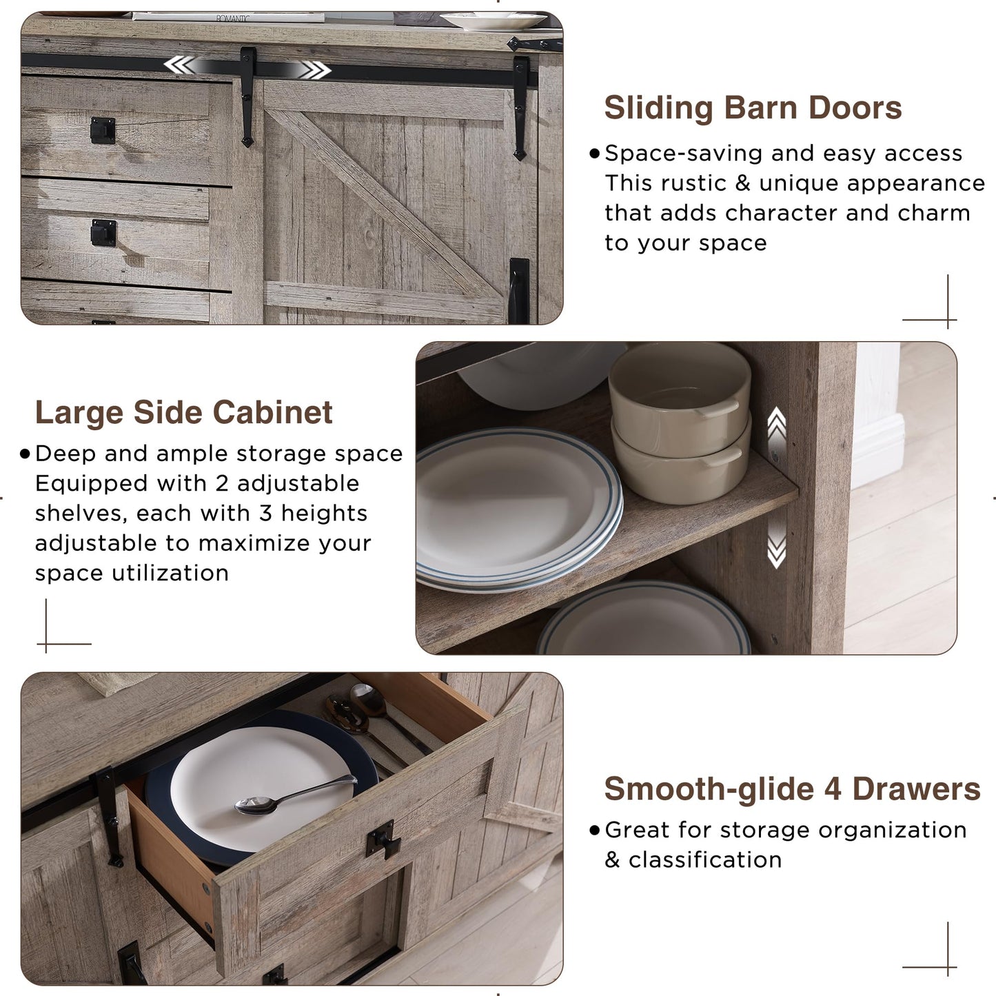 T4TREAM Farmhouse Sideboard Buffet Cabinet with Storage, 60" Large Kitchen Cabinet w/Sliding Barn Doors and 4 Drawers, 31.2'' Tall Rustic Wood Coffee Bar Table for Dining Room, Light Rustic Oak