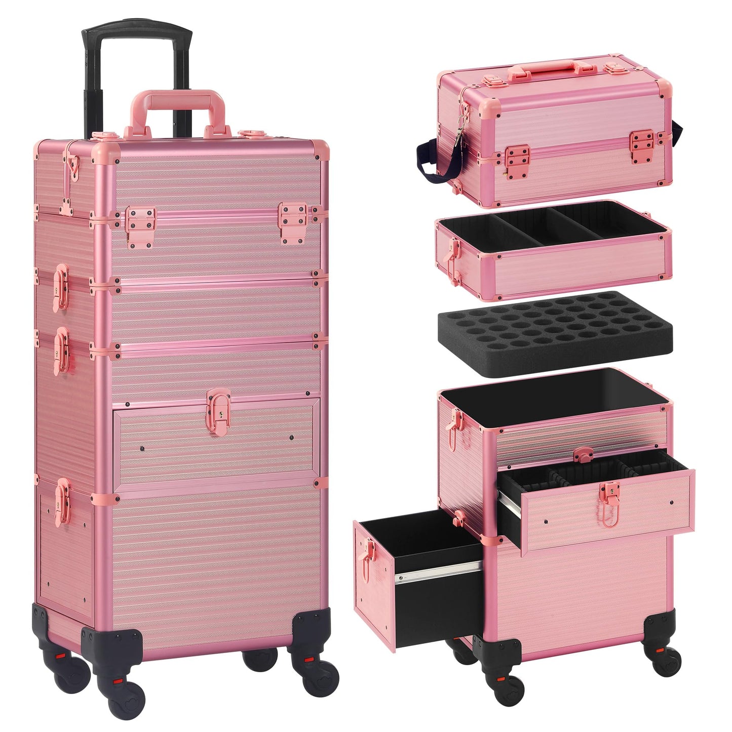 Somduy Rolling Makeup Case with Drawer, Makeup Train Case, 4 in 1Cosmetology Case on Wheels, Christmas Gift, Large Makeup Case Organizers, Profesional Cosmetic Case for Salon Barber, Light pink