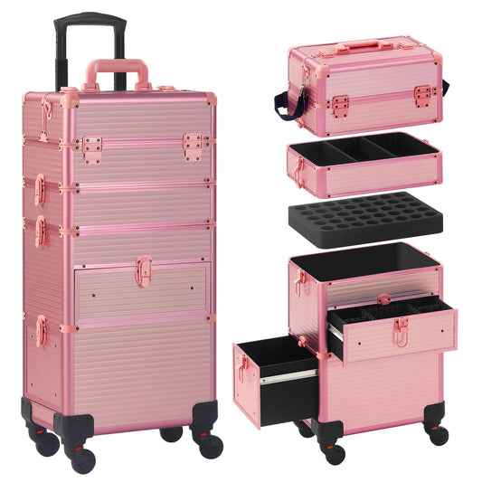 Somduy Rolling Makeup Case with Drawer, Makeup Train Case, 4 in 1Cosmetology Case on Wheels, Christmas Gift, Large Makeup Case Organizers, Profesional Cosmetic Case for Salon Barber, Light pink