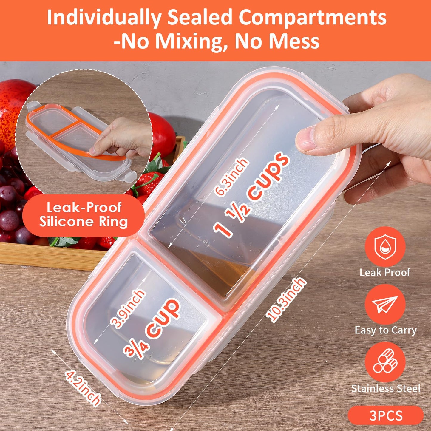IANFAN 3 Pack Stainless Steel Snack Containers with Lids, Reusable 2 Compartments Snack Bento Box for Adults, Leak Proof Divided Snack Food Storage Containers for Home, Work, Travel, Grab and Go
