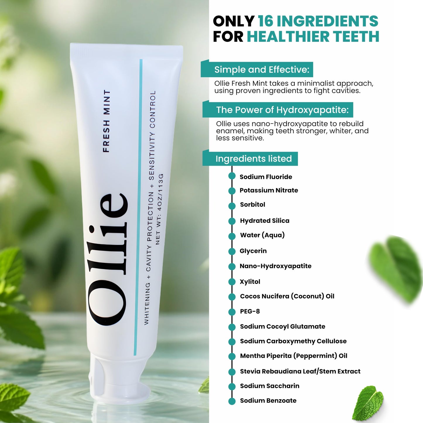 Ollie Fresh Mint Teeth Whitening Toothpaste with Fluoride & Hydroxyapatite — Helps Fight Cavities, Whitens Teeth, and Freshens Breath, (Pack of 2, 8oz)