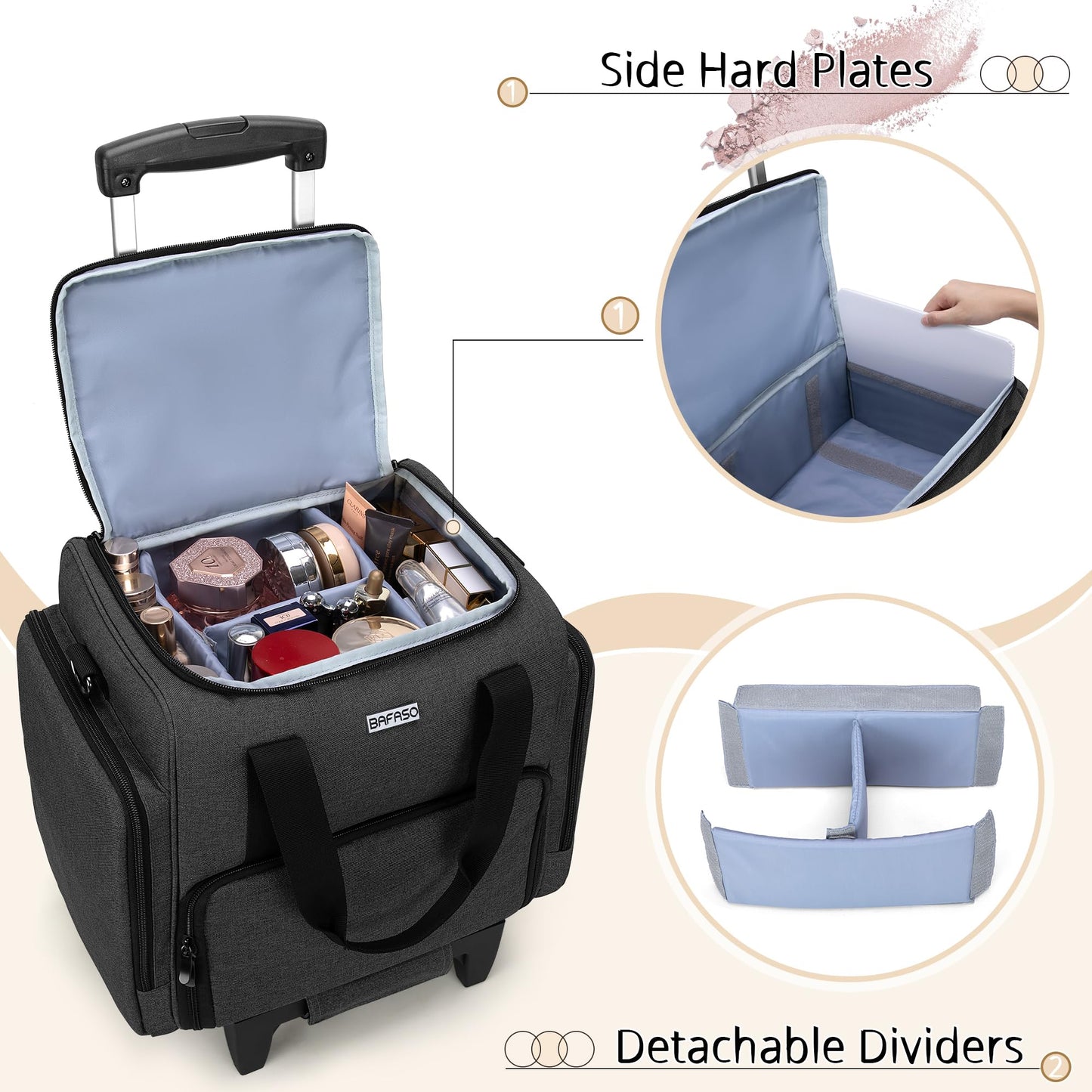 BAFASO Rolling Makeup Case with 3 Removable Pouches and 1 Makeup Brush Bag, Professional Makeup Train Case Cosmetic Bag with Detachable Dolly (Patented), Black