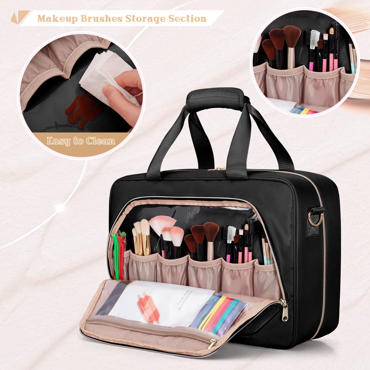Prokva Professional Makeup Artist Travel Case with 4 Detachable Cosmetic Bags, Large Make up Organizer Bag with Makeup Kit Storage Section and Hair Tools Pocket, Black (Empty Bag Only)