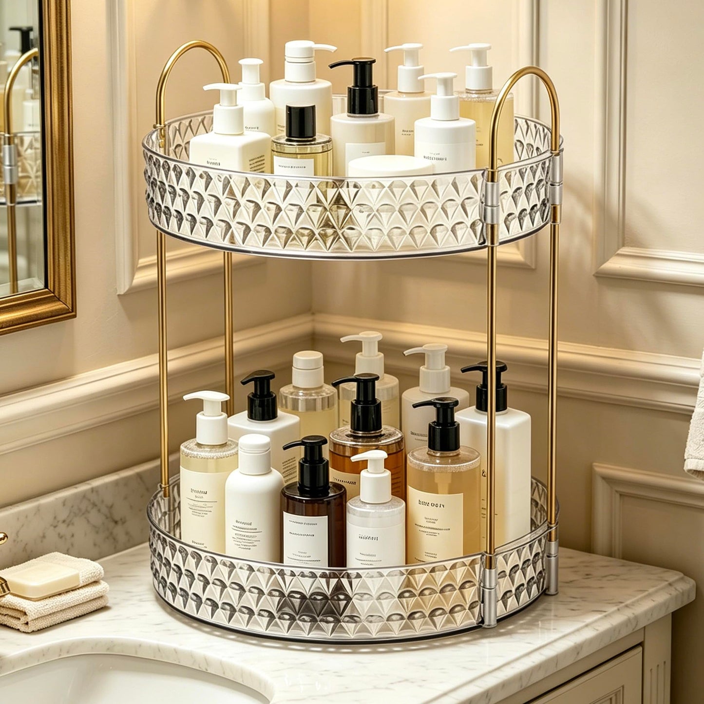 GROZOSS 360° Rotating Makeup Organizer, 2-Tier Large Capacity Cosmetic Storage Rack for Bathroom Countertop & Vanity, Clear Acrylic Holder for Skincare, Perfume & Beauty Essentials