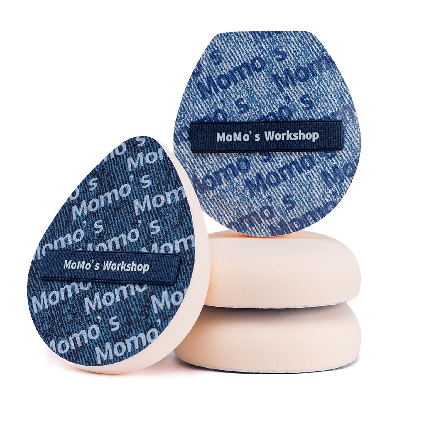 Momo's Workshop Blue Denim Makeup Sponges,Super Soft Blenders for Liquid Foundation, Dual Design (Egg + Flat Edge), Natural Skin-Like Finish, Makeup Puffs for Blending,Travel Friendly,2pcs